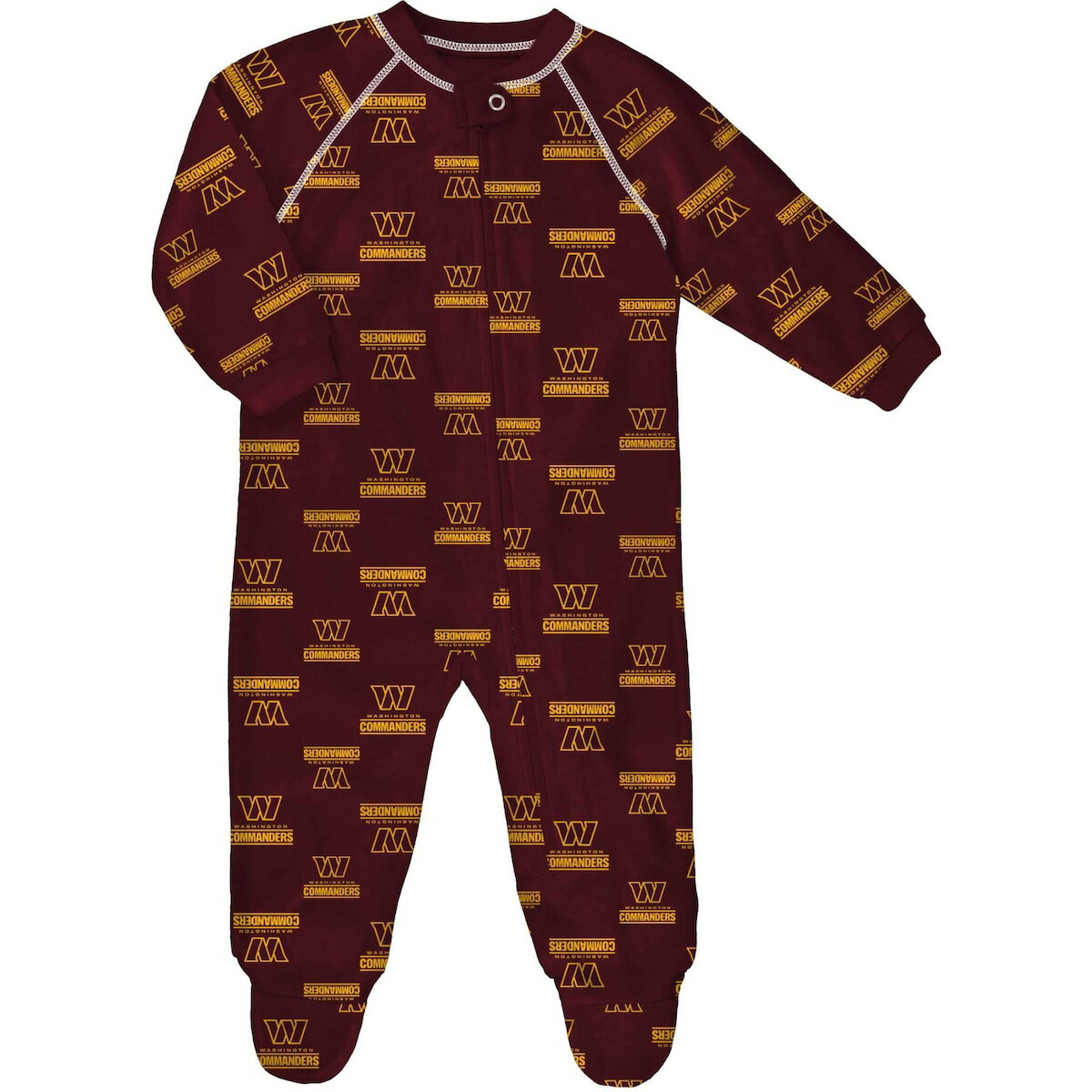 Provide your budding Washington Commanders fan with comfort and spirit each night by dressing them in this full-zip jumper. It features roomy raglan sleeves so they can stretch, crawl and sleep in comfort. An allover Washington Commanders print easily displays which team they'll root for each Sunday.Machine wash with garment inside out, tumble dry lowOfficially licensedRaglan sleevesFlame resistantFull-zipFlatlock stitchingImportedMaterial: 100% PolyesterSnap closure at neckInseam on size 0/3M measures approx. 7.5"Inseam on size 3/6M measures approx. 8"Sublimated graphicsBrand: OuterstuffFooted with non-slip dotsLong sleeve