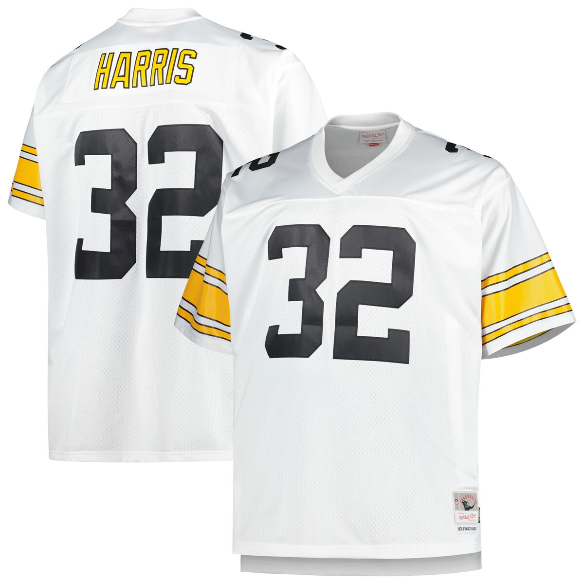 When you're gearing up for the gridiron action, celebrate one of the greatest players in the storied history of your franchise with this Franco Harris Pittsburgh Steelers Retired Player jersey from Mitchell & Ness. The bold graphics make it clear where your allegiance lies on Sundays. The mesh fabric adds enhanced breathability for a comfortable game day experience.Stitched fabric applique with player year and nameReplica JerseyOfficially licensedDrop tail hem with side splitsV-neckMachine wash, tumble dry lowMesh fabricMaterial: 100% PolyesterStitched tackle twill letters and numbersBrand: Mitchell & NessImportedStitched jock tag at bottom left hemBack neck taping