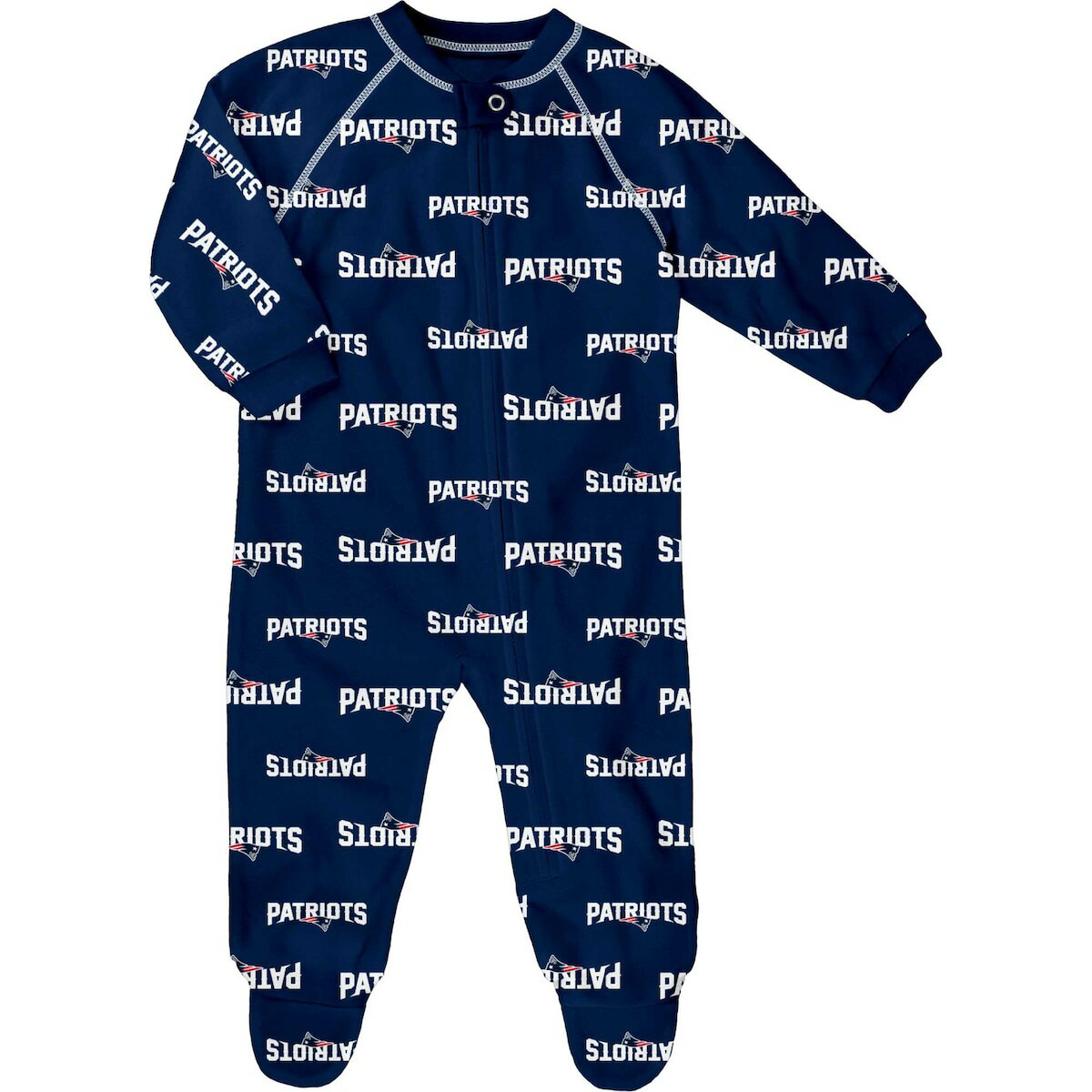 Provide your budding New England Patriots fan with comfort and spirit each night by dressing them in this full-zip jumper. It features roomy raglan sleeves so they can stretch, crawl and sleep in comfort. An allover New England Patriots print easily displays which team they'll root for each Sunday.ImportedMachine wash with garment inside out, tumble dry lowOfficially licensedMaterial: 100% PolyesterFlame resistantFlatlock stitchingRaglan sleevesInseam on size 18M measures approx. 10"Full-zipBrand: OuterstuffSnap closure at neckLong sleeveSublimated graphicsFooted with non-slip dots