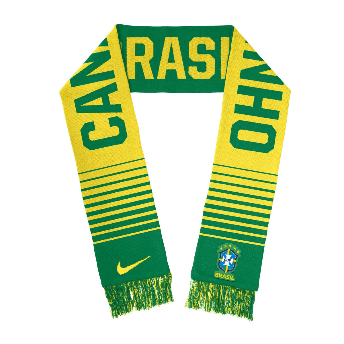 Show your devotion to your Brazil National Team with this Local Verbiage scarf from Nike. It features double-sided graphics and fringe on both ends. This scarf makes the perfect accent for any match day look.Material: 100% AcrylicFringe endsImportedMachine wash, tumble dry lowOfficially licensedWoven graphicsEmbroidered fabric appliqueMeasures approx. 60'' x 6''Double-sided designBrand: Nike