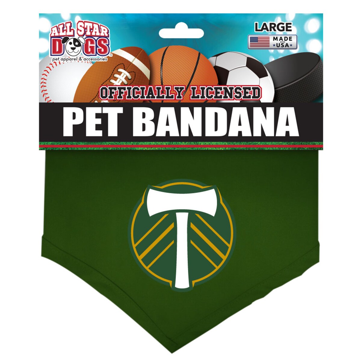 Help your furry friend look stylish while repping your Portland Timbers in this bandana. It features bold embroidery of the team's logo on the front with a tie closure to ensure a comfy fit.Size L measures approx. 30''Material: 100% CottonOpening for collar measures approx. 1.5'' wideOfficially licensedEmbroidered graphicsMachine wash, tumble dry lowTie closureMade in the USASize S measures approx. 22''Brand: All Star Dogs