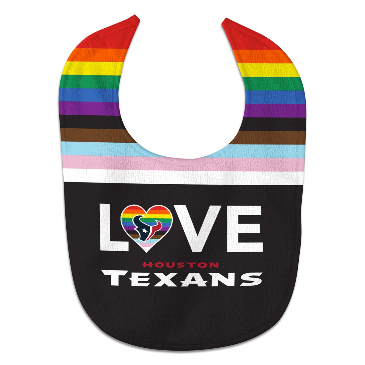 Love is love, especially when mealtime and the Houston Texans are involved. This baby bib from WinCraft is the perfect way to add some spirit and fun to messy activities. It features a vibrant Houston Texans design with rainbow details, filling every little bite with pride.Material: 55% Cotton/45% PolyesterMachine wash, tumble dry lowSublimated graphicsOfficially licensedBrand: WinCraftHook and loop closureImported