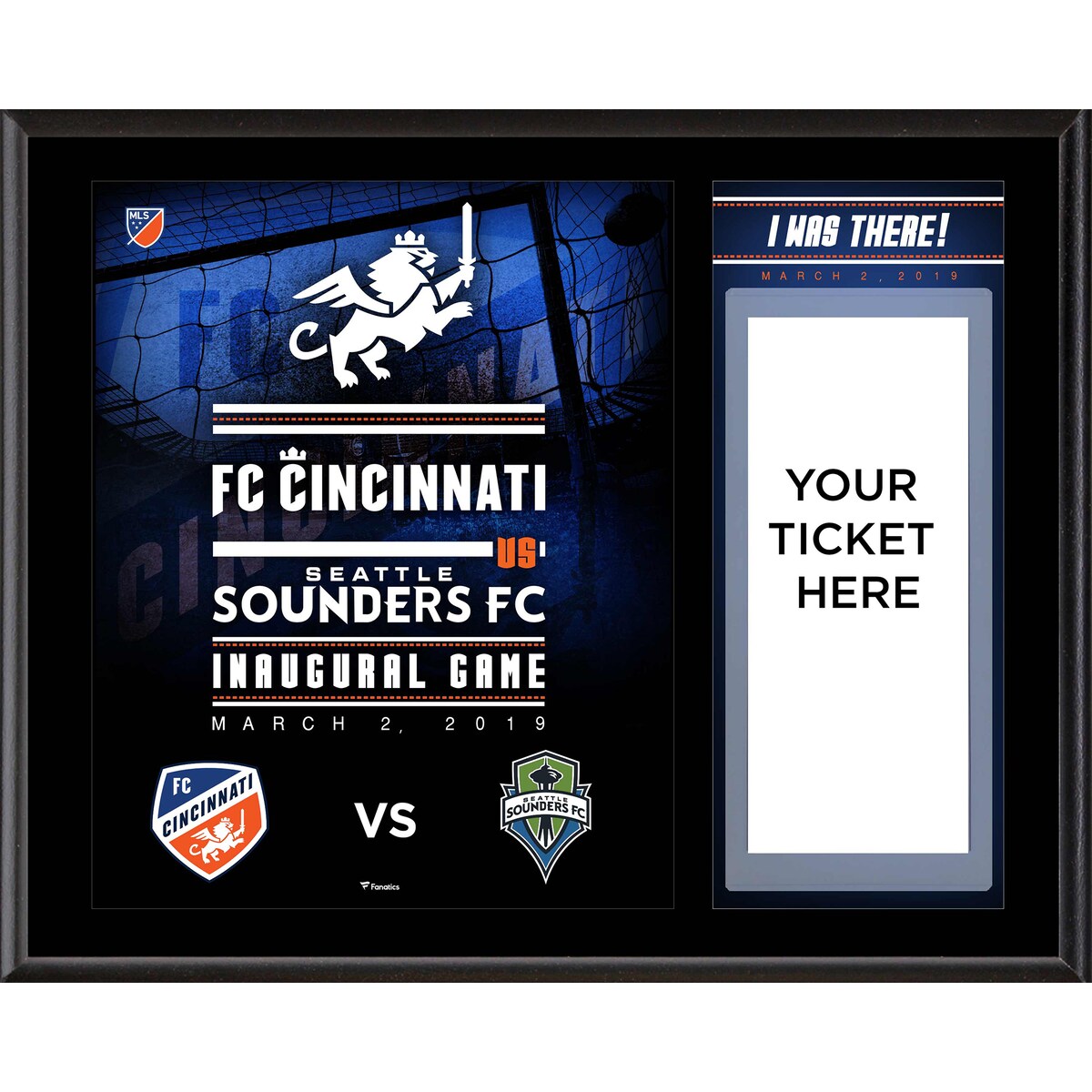 Commemorate the FC Cincinnati inaugural game with this 'I WAS THERE' Plaque. This 12" x 15" plaque with black finish comes with an 8" x 10" photograph. It also features an acrylic ticket holder to display your ticket. The product is officially licensed by the MLS. Overall dimensions are 12" x 15". Ticket holder fits standard sized tickets only. VIP or electronic tickets may not fit properly.Framed collageBrand: Fanatics AuthenticOfficially licensed