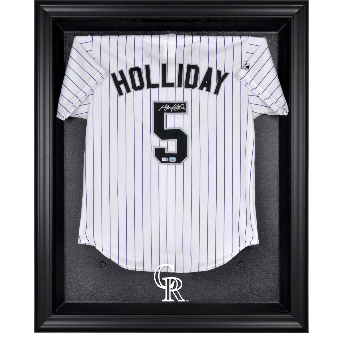The Colorado Rockies black framed logo jersey display case opens on hinges and is easily wall-mounted. It comes with a 24'' clear acrylic rod to display a collectible jersey. This case is constructed with a durable, high-strength injection mold backing, encased by a beautiful wood frame and features an engraved team logo on the front. Officially licensed by Major League Baseball. The inner dimensions of the case are 38'' x 29 1/2''x 3'' with the outer measurements of 42'' x 34 1/2'' x 3 1/2''. Memorabilia sold separately.Officially licensedMade in the USABrand: Fanatics AuthenticMemorabilia sold separately