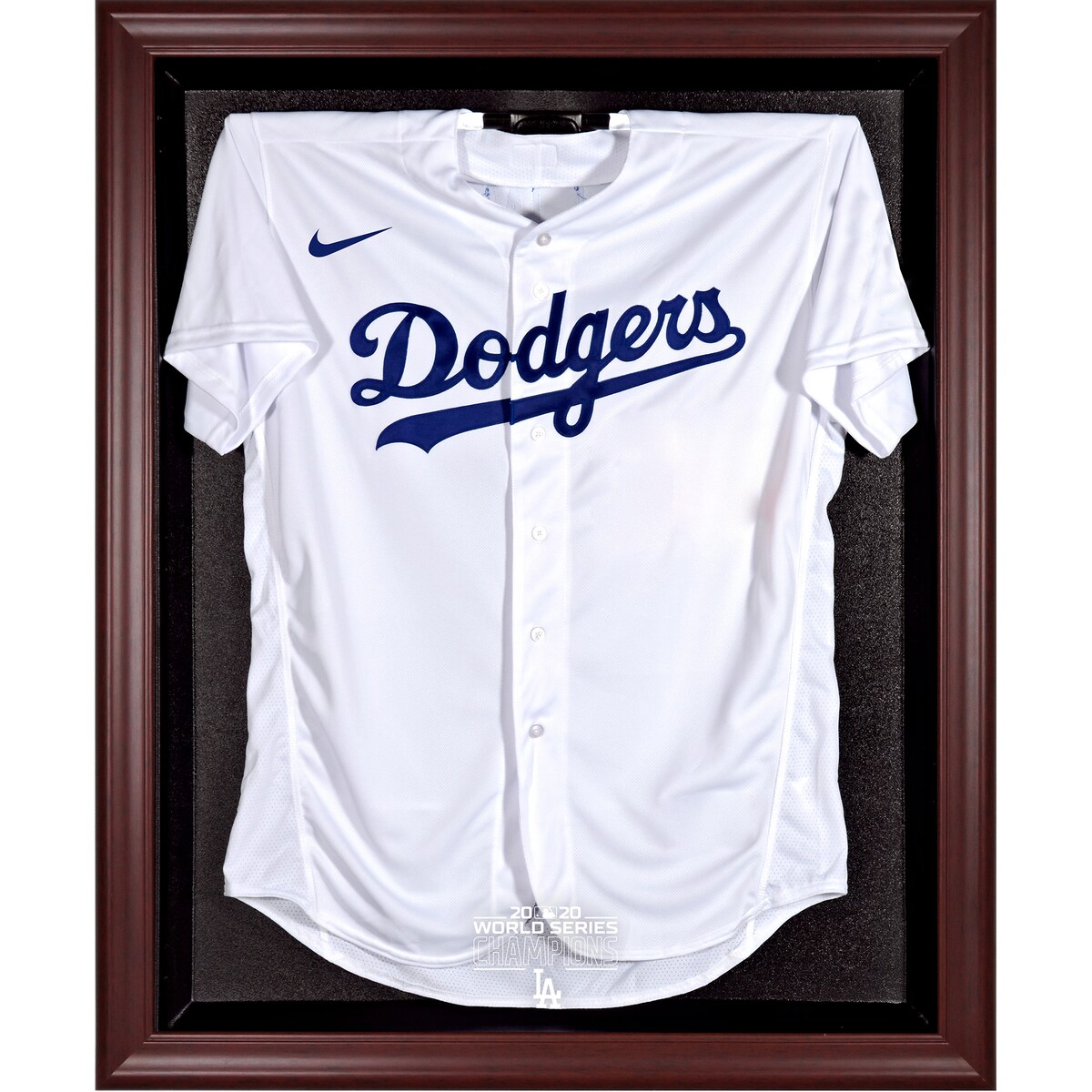 Celebrate the Los Angeles Dodgers as the 2020 World Series Champions with this collectible display case. The mahogany framed logo jersey display case opens on hinges and is easily wall mounted. It comes with a 24'' clear acrylic rod to display a collectible jersey and is constructed with a durable, high-strength injection mold backing. It comes encased by a wood frame with engraved team logo. It is officially licensed by Major League Baseball. The inner dimensions of the case are 38'' x 29 1/2'' x 3'' with the outer measurements of 42'' x 34 1/2'' x 3 1/2''. Memorabilia is sold separately.Memorabilia sold separatelyBrand: Fanatics AuthenticOfficially licensed
