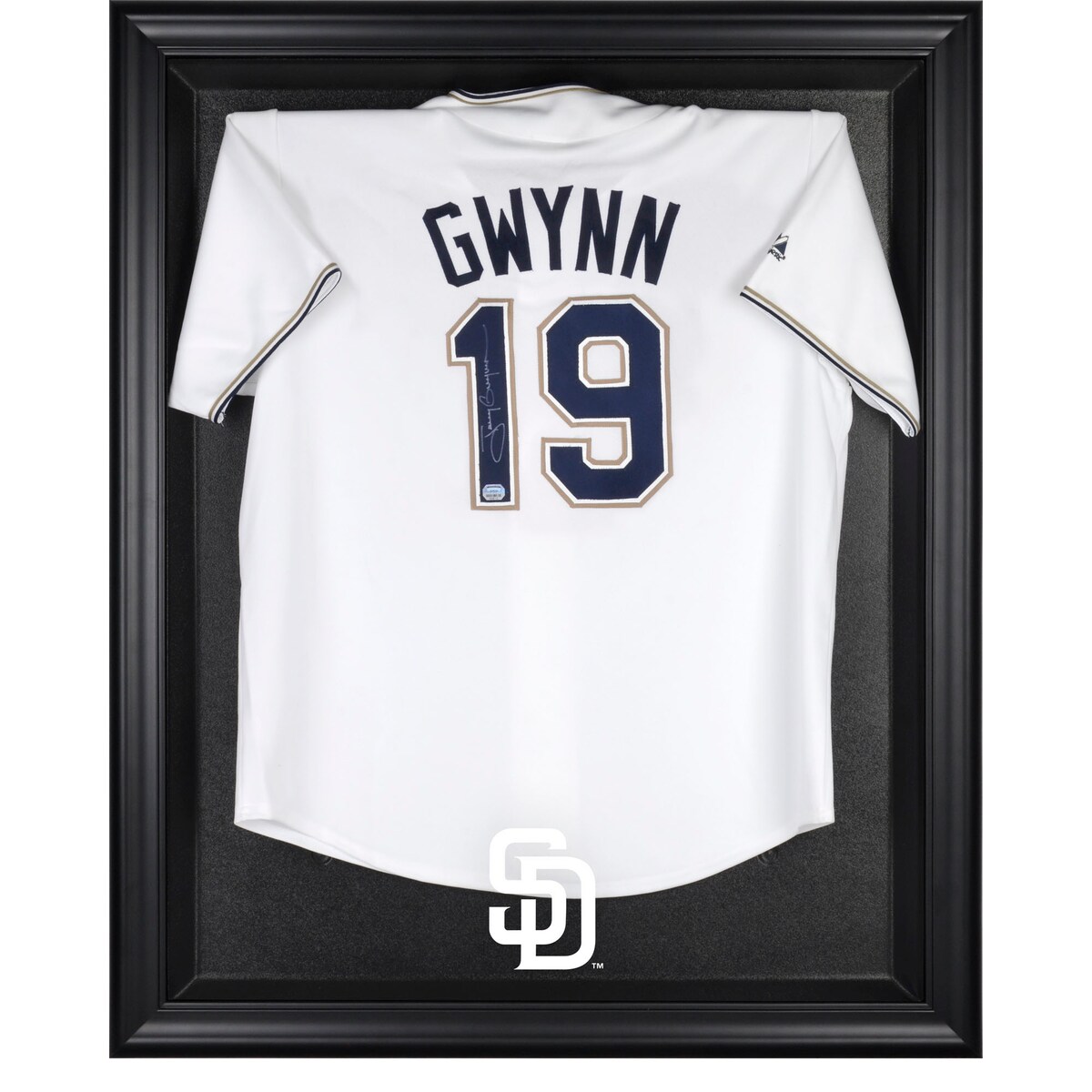 The San Diego Padres black framed logo jersey display case opens on hinges and is easily wall-mounted. It comes with a 24" clear acrylic rod to display a collectible jersey. This case is constructed with a durable, high-strength injection mold backing, encased by a beautiful wood frame and features an engraved team logo on the front. Officially licensed by Major League Baseball. The inner dimensions of the case are 38" x 29 1/2"x 3" with the outer measurements of 42" x 34 1/2" x 3 1/2". Memorabilia sold separately.Officially licensed MLB productHas a LogoWood frameMemorabilia sold separatelyImportedOfficially licensedIncludes acrylic rod to hold jerseyMade in the U.S.A.Easily wall mountedBrand: Fanatics AuthenticEngraved team graphicsCollectible jersey display caseHinges to open easily