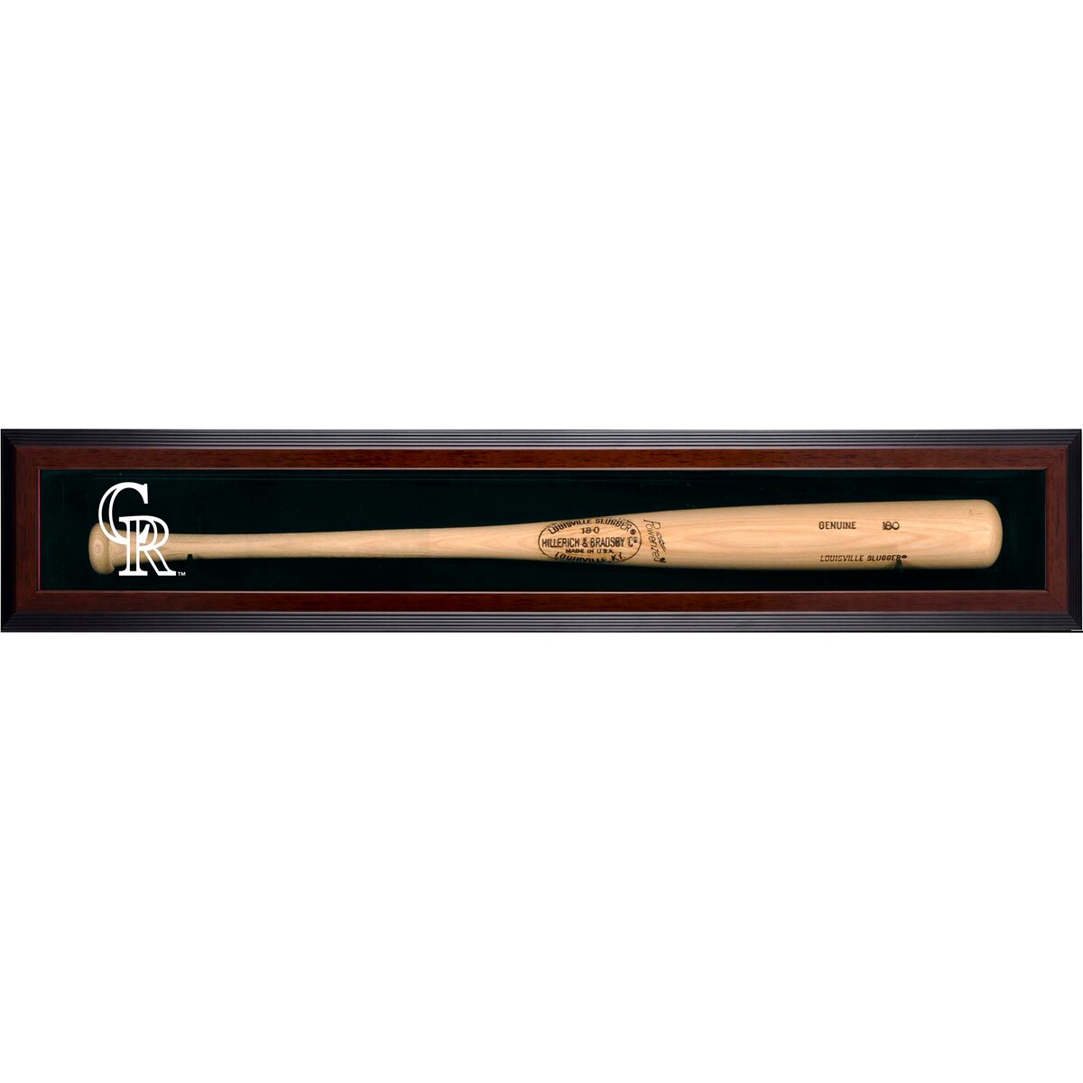 The Colorado Rockies baseball bat display case is made of 1/8'' inch thick acrylic with a brown wood frame. Perfect for displaying a collectible bat. It is either wall mountable or can sit on a shelf or counter top. The back of the display is made of black acrylic. Measures approximately 7 1/2'' x 40'' x 4''. Memorabilia sold separately.Officially licensedMade in the USABrand: Fanatics AuthenticMemorabilia sold separately