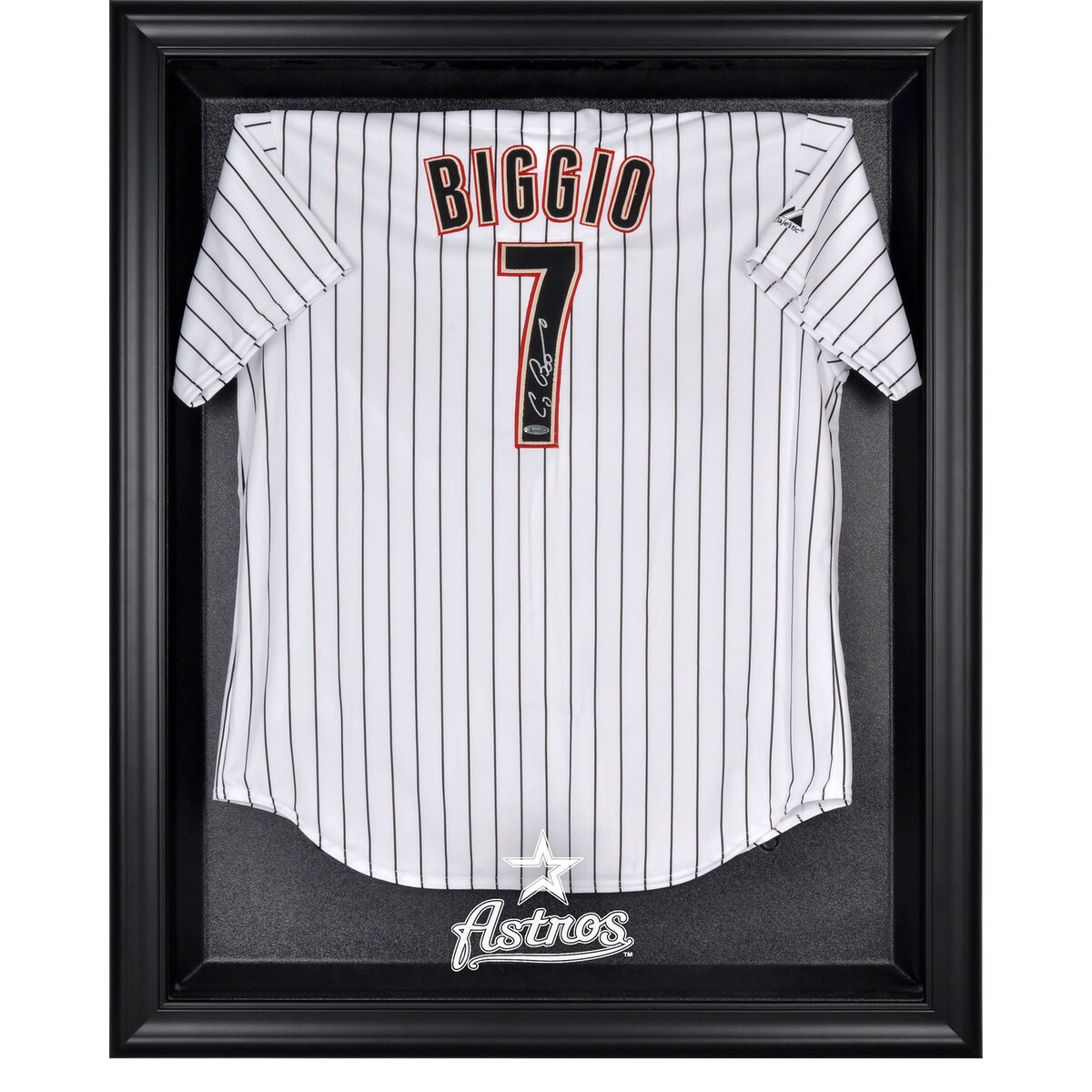 The Houston Astros black framed logo jersey display case opens on hinges and is easily wall-mounted. It comes with a 24" clear acrylic rod to display a collectible jersey. This case is constructed with a durable, high-strength injection mold backing, encased by a beautiful wood frame and features an engraved team logo on the front. Officially licensed by Major League Baseball. The inner dimensions of the case are 38" x 29 1/2"x 3" with the outer measurements of 42" x 34 1/2" x 3 1/2". Memorabilia sold separately.Wood frameEngraved team graphicsHas a LogoIncludes acrylic rod to hold jerseyBrand: Fanatics AuthenticImportedOfficially licensed MLB productEasily wall mountedMade in the U.S.A.Memorabilia sold separatelyOfficially licensedHinges to open easilyCollectible jersey display case