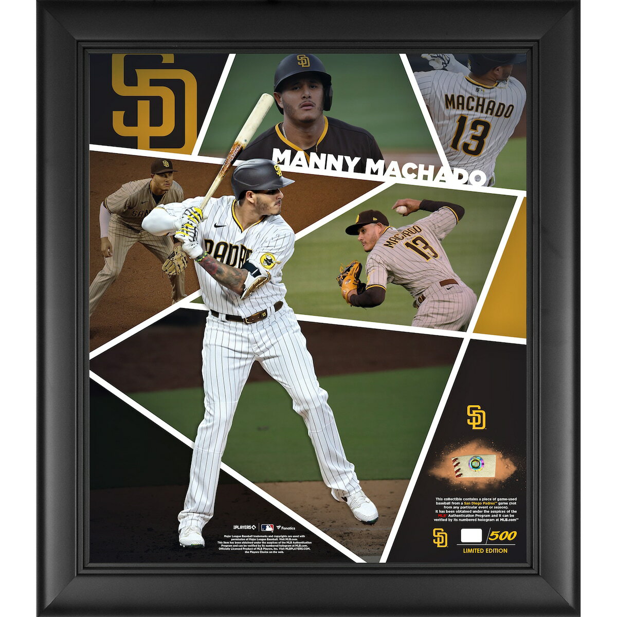 Take your collection of San Diego Padres memorabilia to the next level with this Manny Machado 15" x 17" Impact Player Collage with a Piece of Game-Used Baseball - Limited Edition of 500. Whether displayed in your home or office, it's the perfect way to highlight your passion for the San Diego Padres for years to come.Frame measures approx. 15'' x 17'' x 1''Obtained under the auspices of the Major League Baseball Authentication Program and can be verified by its numbered hologram at MLB.comIndividually numbered, tamper-evident hologram from Fanatics Authentic ensures the product purchased is authentic and eliminates any possibility of duplication or fraud. Hologram can be reviewed online.Limited edition of 500Ready to hangGame-used collectibleOfficially licensedThis item is non-returnableBrand: Fanatics AuthenticThis item is non-returnable