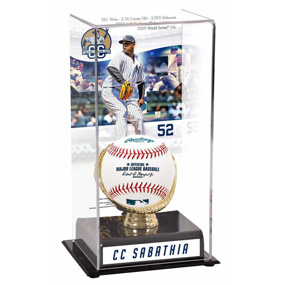 Commemorate CC Sabathia's retirement with this acrylic display case. It comes with an image, a sublimated plate and a black acrylic base with a gold colored glove. It also features a clear acrylic removable lid. The case measures 10'' x 5'' x 5.5'' and is officially licensed by Major League Baseball. Memorabilia not included.Brand: Fanatics AuthenticMemorabilia sold separatelyOfficially licensed