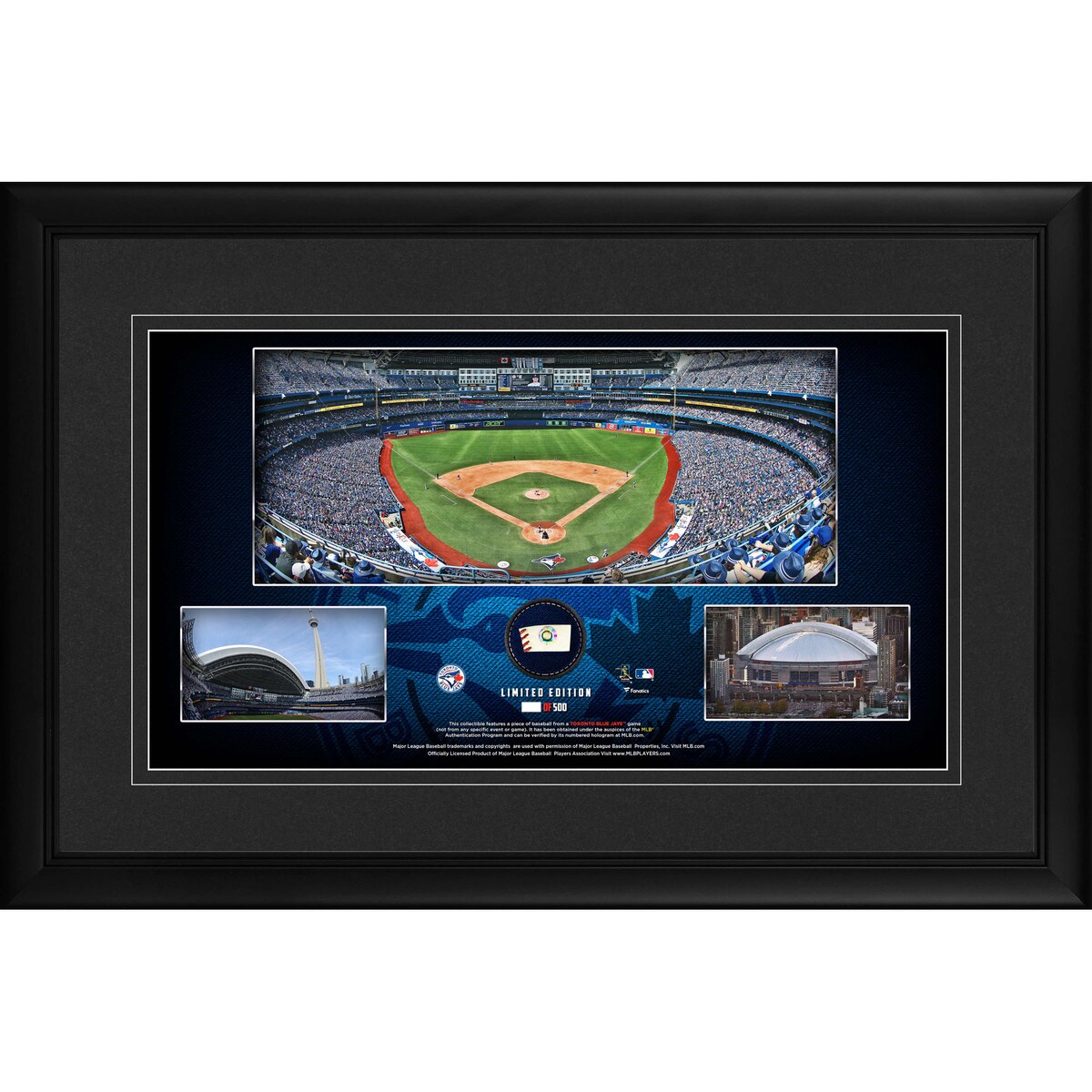 Each individually hand-numbered limited edition collectible comes designed with a 10" x 18" photo collage of the team and an actual piece of game-used baseball from a Blue Jays game (not from any specific game, event, or season). It is double-matted and framed in black wood. Each collectible comes with a statement of authenticity to ensure that the piece of baseball used is authentic. It is officially licensed by Major League Baseball. The finished piece measures 23.5" x 15" x 1" and is ready to hang in any home or office. This collectible is a limited edition of 500.This item is non-returnableOfficially licensedGame Used collectibleMade in the USABrand: Fanatics AuthenticFramed collage