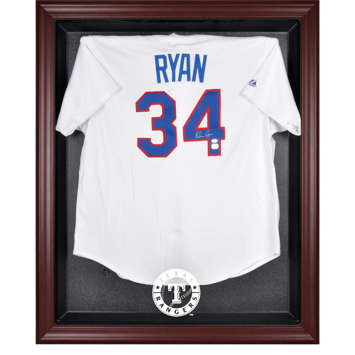 The Texas Rangers mahogany finished framed logo jersey display case opens on hinges and is easily wall-mounted. It comes with a 24" clear acrylic rod to display a collectible jersey. This case is constructed with a durable, high-strength injection mold backing, encased by a beautiful wood frame with a team logo on the front. Officially licensed by Major League Baseball. The inner dimensions of the case are 38" x 29 1/2"x 3" with the outer measurements of 42" x 34 1/2" x 3 1/2". Memorabilia sold separately.Engraved team graphicsMade in the U.S.A.Easily wall mountedOfficially licensedHas a LogoWood frameCollectible jersey display caseMemorabilia sold separatelyImportedIncludes acrylic rod to hold jerseyBrand: Fanatics AuthenticHinges to open easily
