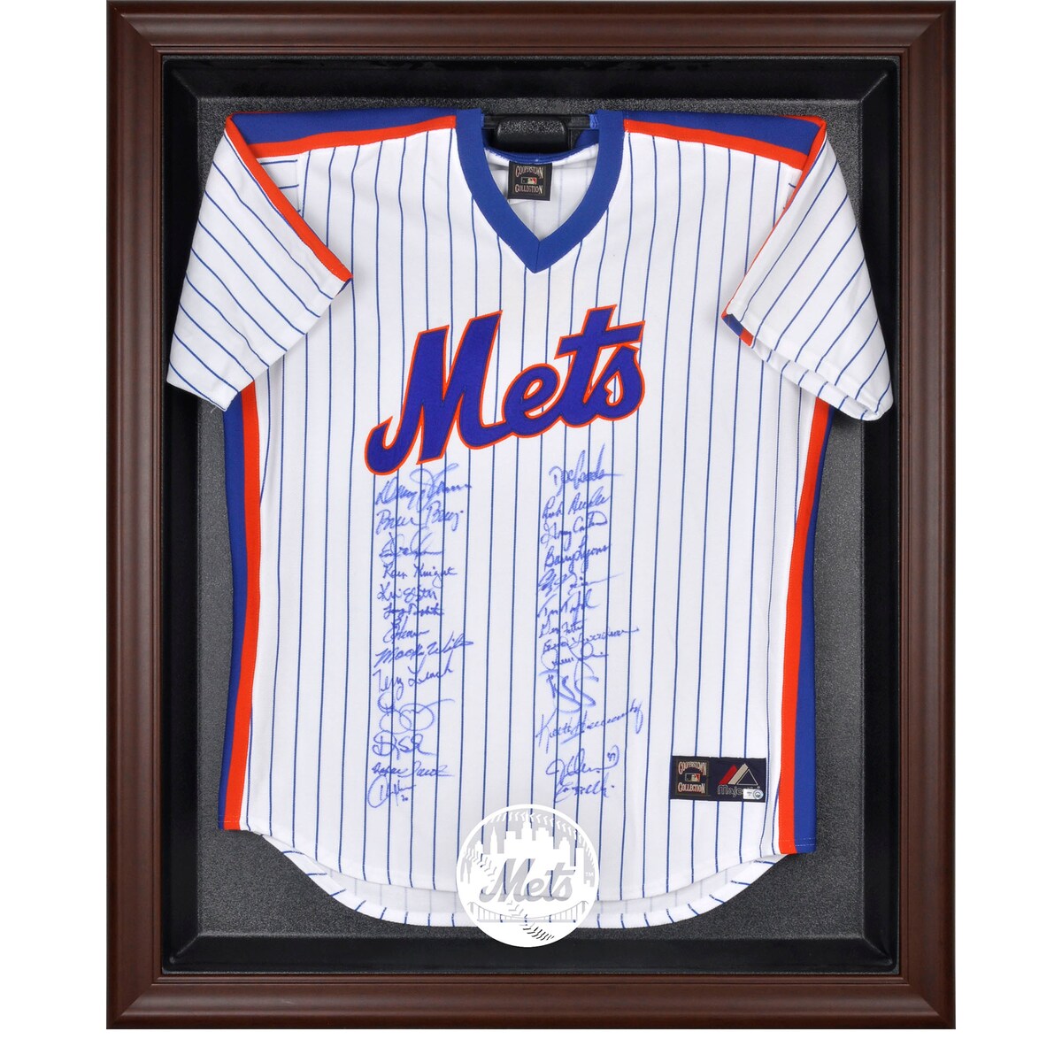 The New York Mets brown framed logo jersey display case opens on hinges and is easily wall-mounted. It comes with a 24" clear acrylic rod to display a collectible jersey. It comes constructed with a durable, high-strength injection mold backing, encased by a beautiful wood frame and an engraved team logo on the front. Officially licensed by Major League Baseball. The inner dimensions of the case are 38" x 29 1/2"x 3" with the outer measurements of 42" x 34 1/2" x 3 1/2". Memorabilia sold separately.Made in the U.S.A.Engraved team graphicsWood frameHas a LogoImportedMemorabilia sold separatelyOfficially licensed MLB productEasily wall mountedIncludes acrylic rod to hold jerseyOfficially licensedHinges to open easilyCollectible jersey display caseBrand: Fanatics Authentic