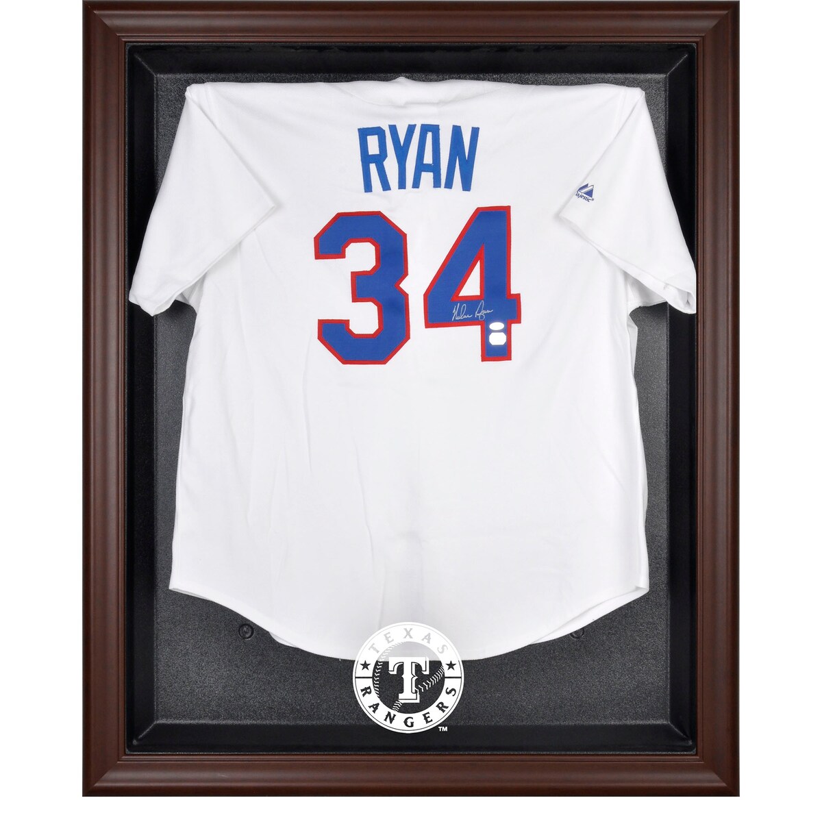 The Texas Rangers brown framed logo jersey display case opens on hinges and is easily wall-mounted. It comes with a 24" clear acrylic rod to display a collectible jersey. It comes constructed with a durable, high-strength injection mold backing, encased by a beautiful wood frame and an engraved team logo on the front. Officially licensed by Major League Baseball. The inner dimensions of the case are 38" x 29 1/2"x 3" with the outer measurements of 42" x 34 1/2" x 3 1/2". Memorabilia sold separately.Officially licensed MLB productMade in the U.S.A.Engraved team graphicsHinges to open easilyHas a LogoMemorabilia sold separatelyEasily wall mountedWood frameIncludes acrylic rod to hold jerseyBrand: Fanatics AuthenticCollectible jersey display caseImportedOfficially licensed