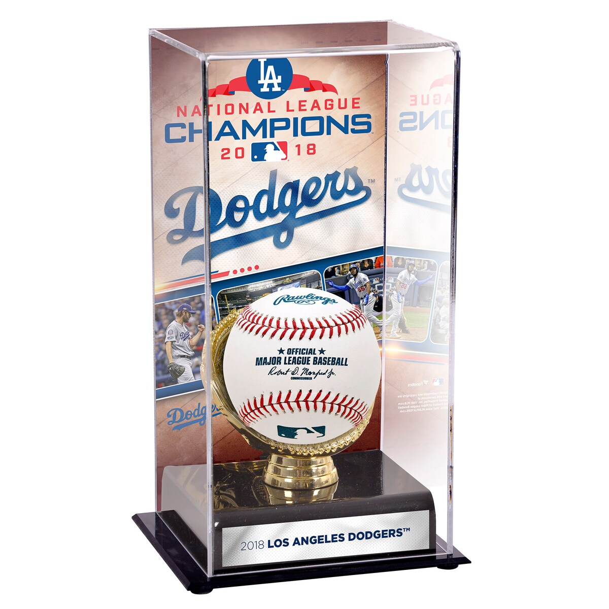 Celebrate the Los Angeles Dodgers as 2018 National League Champions with this sublimated display case. This acrylic display case comes with an image, a sublimated nameplate, and a black acrylic base with a gold-colored glove. It also features a clear acrylic removable lid. It is officially licensed by Major League Baseball. The case is perfect for displaying your collectible baseball. Measures 10'' x 5'' x 5 1/2''. Memorabilia sold separately.Officially licensedMemorabilia sold seperatelyBrand: Fanatics Authentic