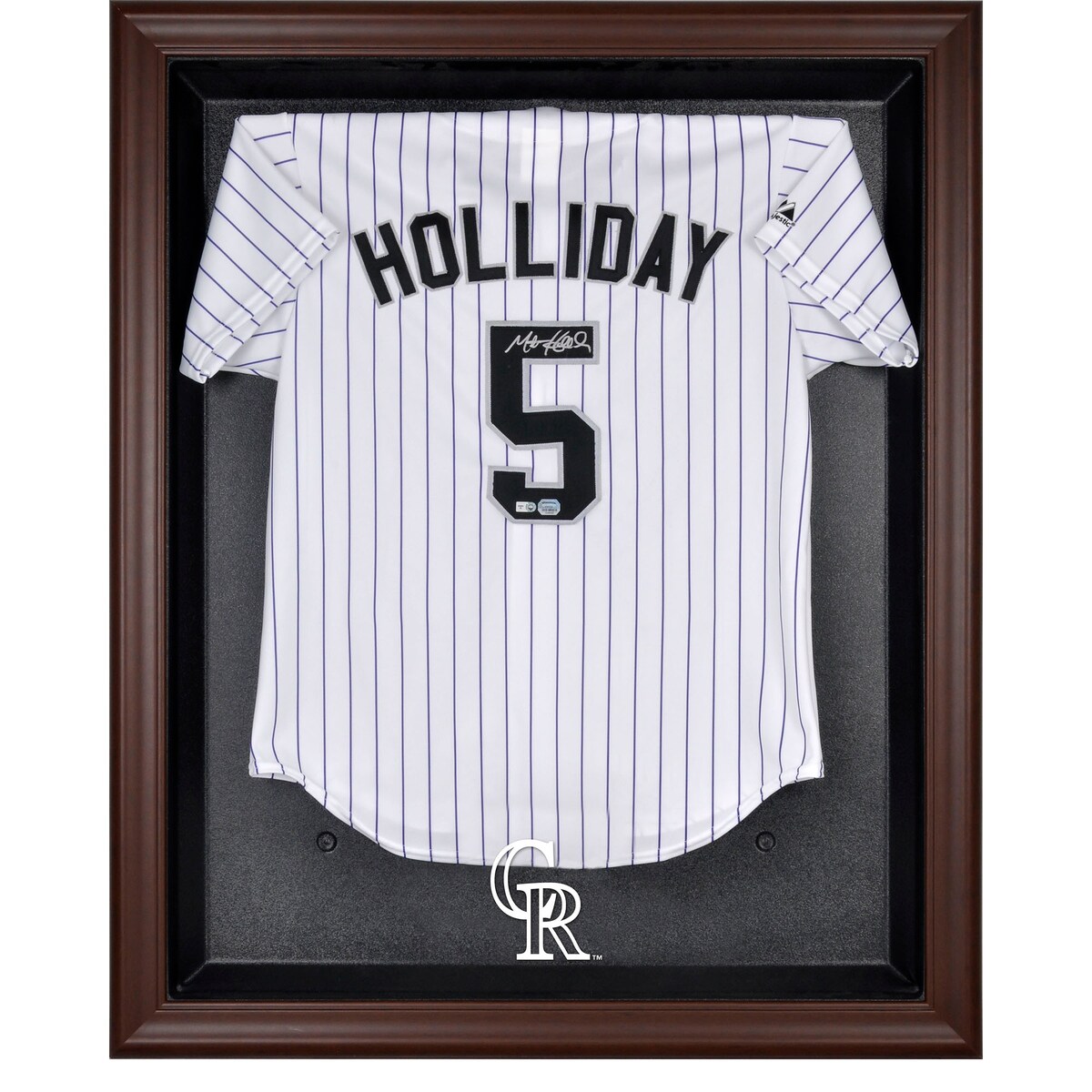 The Colorado Rockies brown framed logo jersey display case opens on hinges and is easily wall-mounted. It comes with a 24" clear acrylic rod to display a collectible jersey. It comes constructed with a durable, high-strength injection mold backing, encased by a beautiful wood frame and an engraved team logo on the front. Officially licensed by Major League Baseball. The inner dimensions of the case are 38" x 29 1/2"x 3" with the outer measurements of 42" x 34 1/2" x 3 1/2". Memorabilia sold separately.Easily wall mountedHinges to open easilyHas a LogoOfficially licensed MLB productMemorabilia sold separatelyWood frameOfficially licensedIncludes acrylic rod to hold jerseyImportedMade in the U.S.A.Brand: Fanatics AuthenticEngraved team graphicsCollectible jersey display case