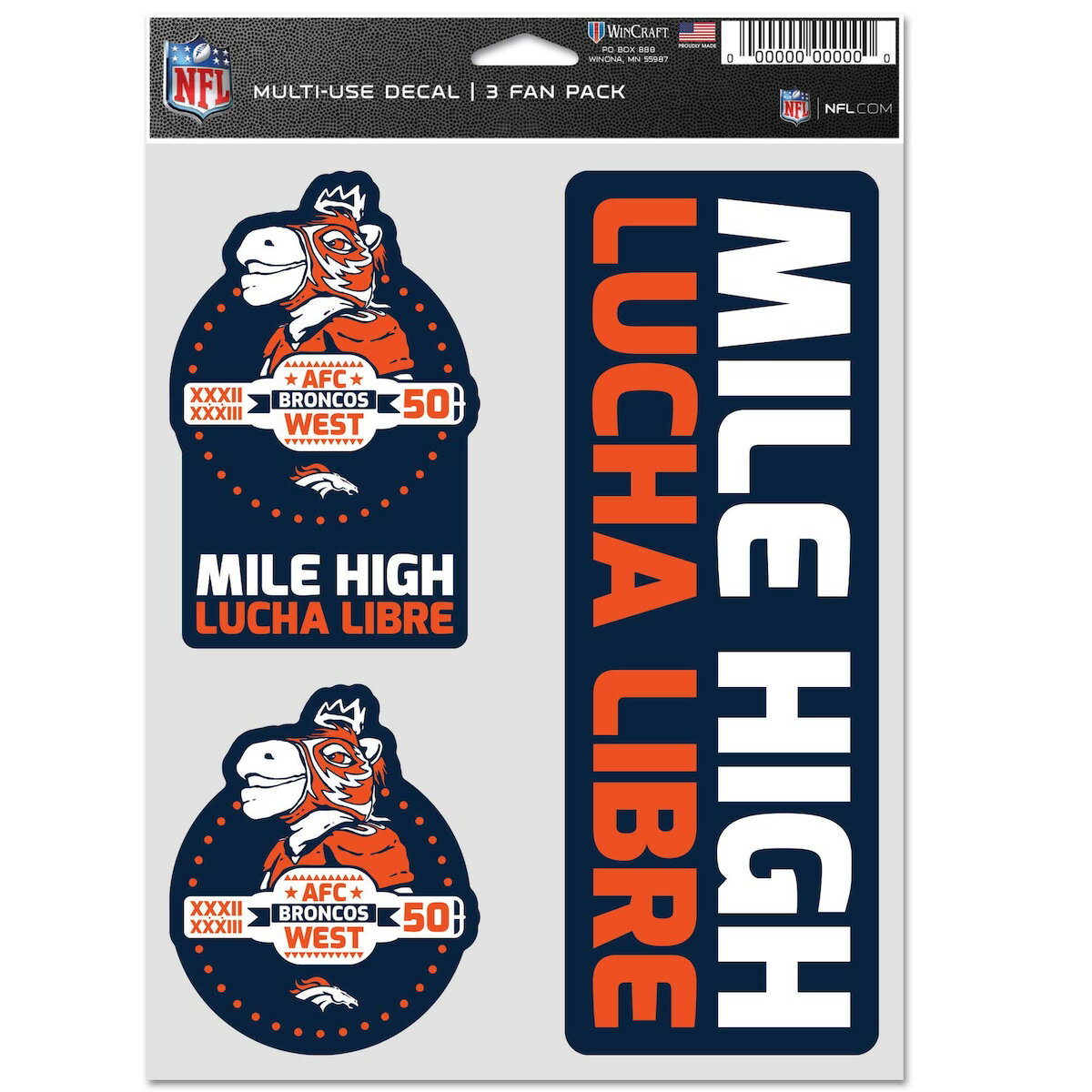 NFL ブロンコス カー用品・カーアクセサリー ウィンクラフト (3pk Fan Decal-Lucha Libre)