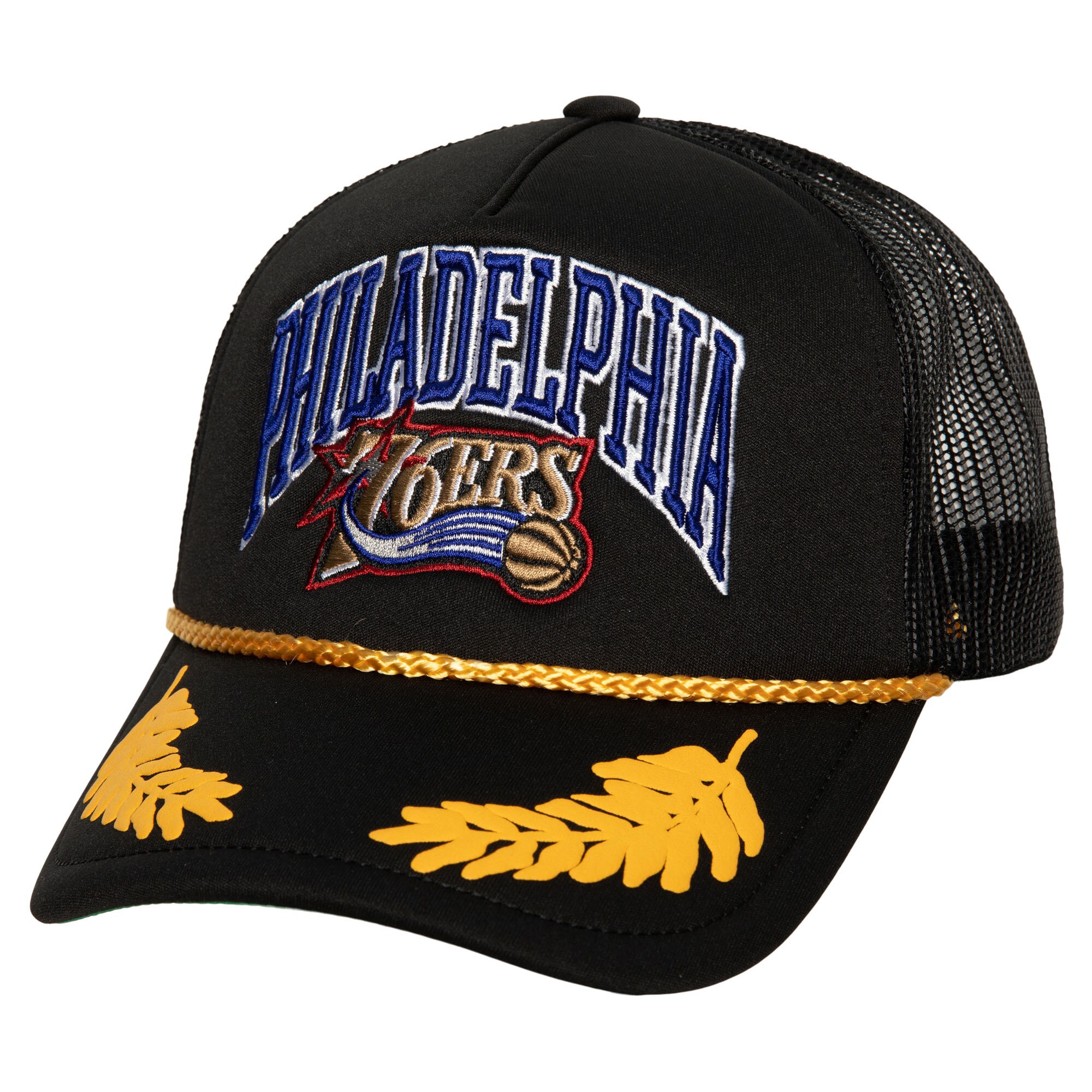 NBA 76ers アジャスタブルキャップ Mitchell & Ness(ミッチェル&ネス) メンズ ブラック (NBA MNC HWC Gold Leaf Snapback Mesh Trucker)