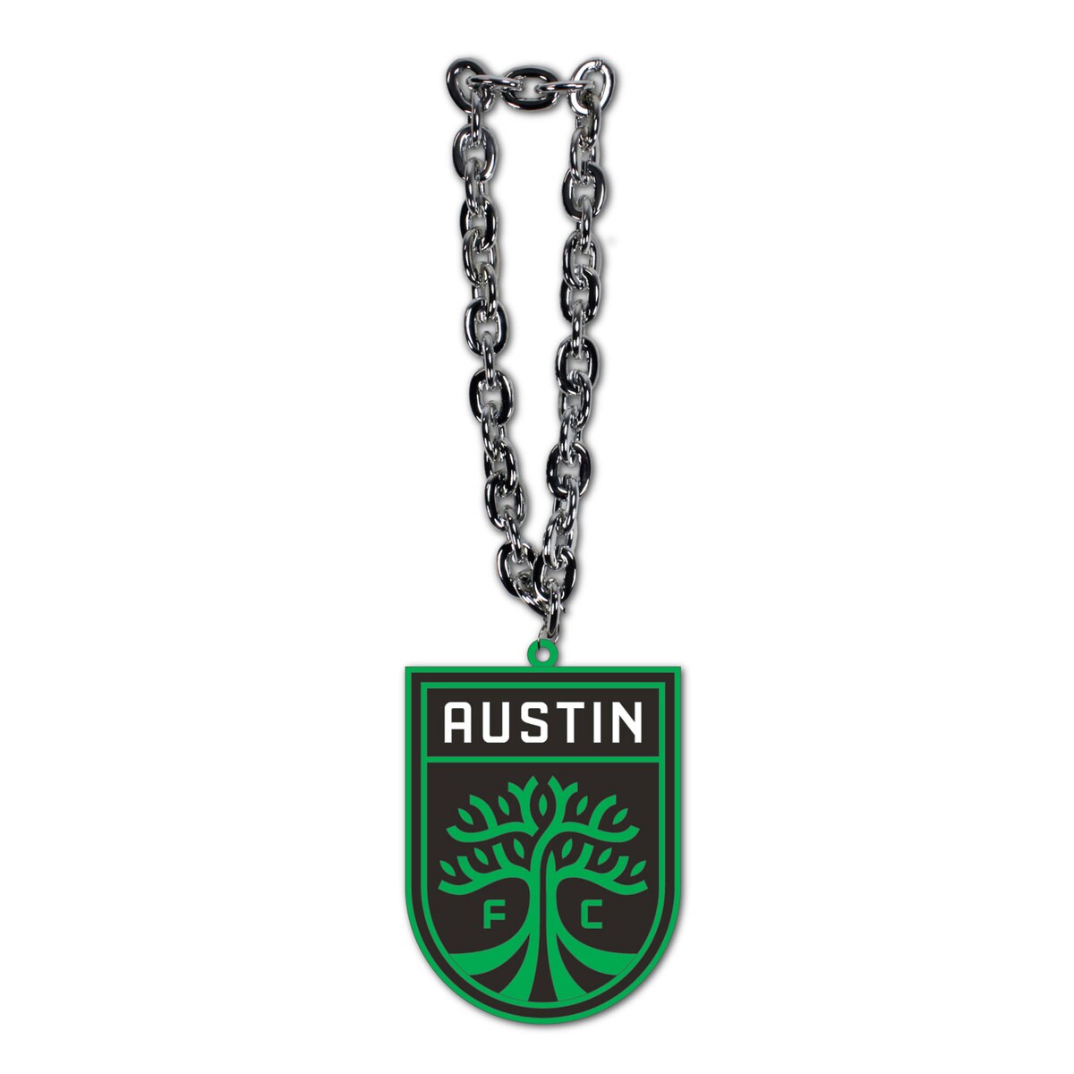 Pump up Austin FC spirit on game day with this Team Logo Fan Chain necklace from MOJO. It features the official Austin FC crest and colors in an eye-catching design. Links finish off the striking look of this fun accessory.Logo measures approx. 8" x 8"Officially licensedDetachable; Self-closing hook claspEmbossed graphicsNot suitable for children under 12 yrsImportedMaterial: 100% EVAChain length measures approx. 36"Brand: MOJOSublimated graphics