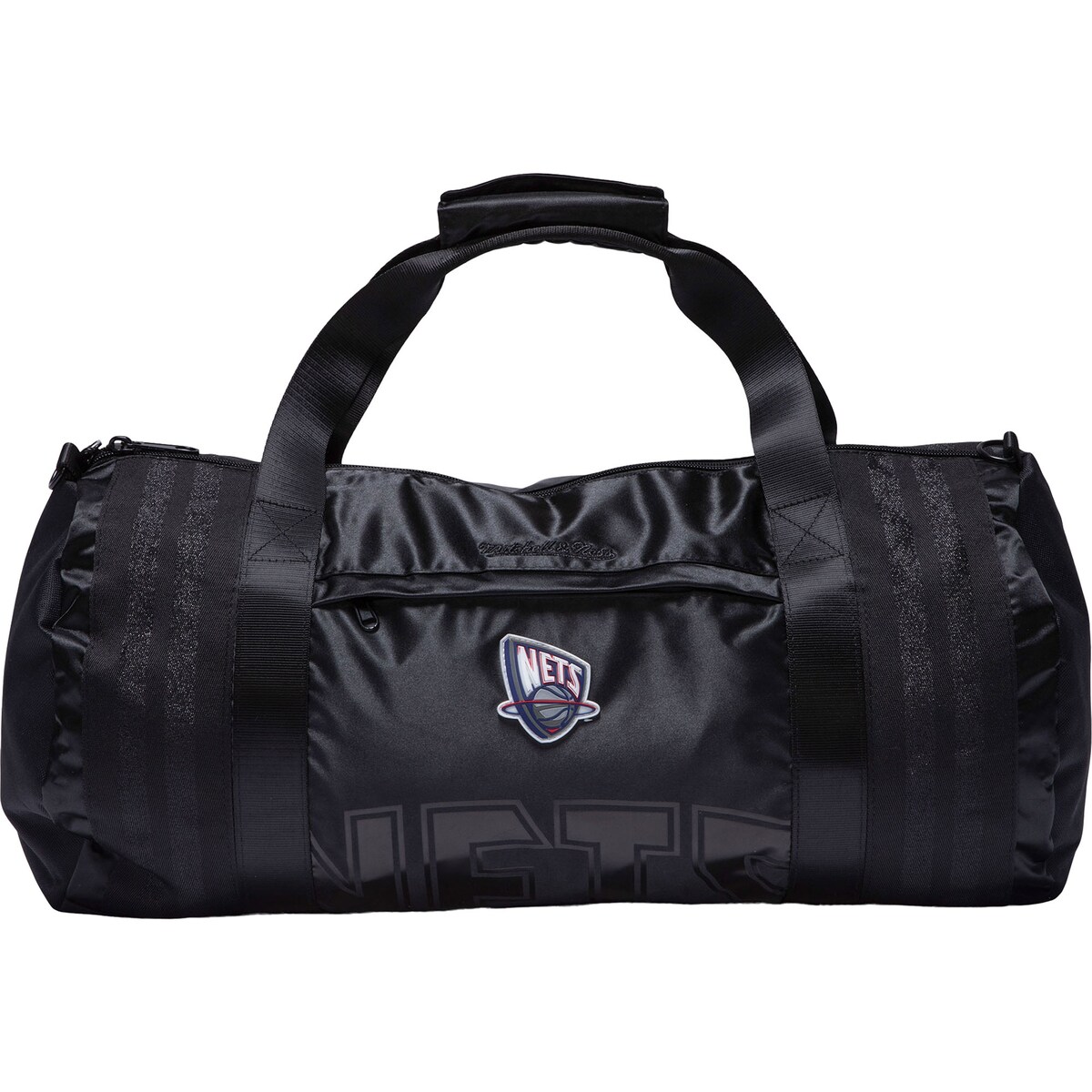 Pack up your travel essentials in Brooklyn Nets style with this Mitchell & Ness Hardwood Classics Satin duffel bag. It features a throwback rubberized team logo and monochromatic wordmark over a sleek satin finish. The multiple compartments will help you stay organized in Brooklyn Nets fashion.Material: 100% PolyesterMachine wash, tumble dry lowOfficially licensedMeasures approx 10'' x 19.5'' x 10''ImportedRubber applique with raised detailTwo carry straps with padded handle cover with two-snap closureAdjustable carry strap drop length measures approx. 26''Water-resistantBrand: Mitchell & NessMain compartment with double zipper closureFront pocket with hidden zipper Handle drop length measures approx. 5.5''LinedHeat-sealed graphicsAdjustable, detachable carry strap