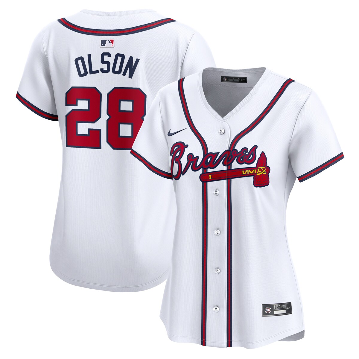 Rep your favorite Atlanta Braves player with this Matt Olson Home Limited Player Jersey. This Nike jersey is inspired by the same jerseys your favorite player wears on the field, so you can feel like the real deal next time you're at the ballpark. The breathable, moisture-wicking fabric will keep you cool and dry even during the dog days of summer.Heat-applied woven MLB Batterman and jock tagShort sleeveMaterial: 100% Recycled PolyesterImportedHeat-sealed twill front logo or wordmark with zigzag stitchingNike LimitedMove To Zero is Nike's journey toward zero carbon and zero waste to help protect the future of sport. Apparel labeled sustainable materials is made with at least 55% recycled content.This item is non-returnableMachine wash, tumble dry lowEmbroidered Swoosh logoOfficially licensedJersey Color Style: HomeRounded hemSublimated twill back player name and numbersSublimated sleeve patches and front numbers (where applicable)Vapor Premier chassis is made with breathable, high-performance fabric that improves mobility and moisture managementFull-button frontRecycled trims and twill details help provide a more authentic look and feelBrand: NikeNike Limited jersey is inspired by the on-field uniform of your favorite teamStandard fitNike Dri-FIT ADV technology combines moisture-wicking fabric with advanced engineering and features to help you stay dry and comfortable