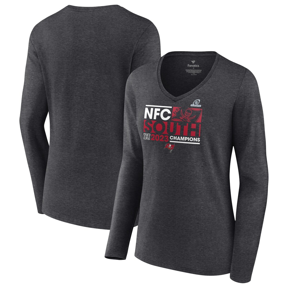 NFL バッカニアーズ Vネック 長袖 Tシャツ Fanatics（ファナティクス） レディース ヘザーチャコール (23 Womens FB Division Champs Conquer Long Sleeve Tee)