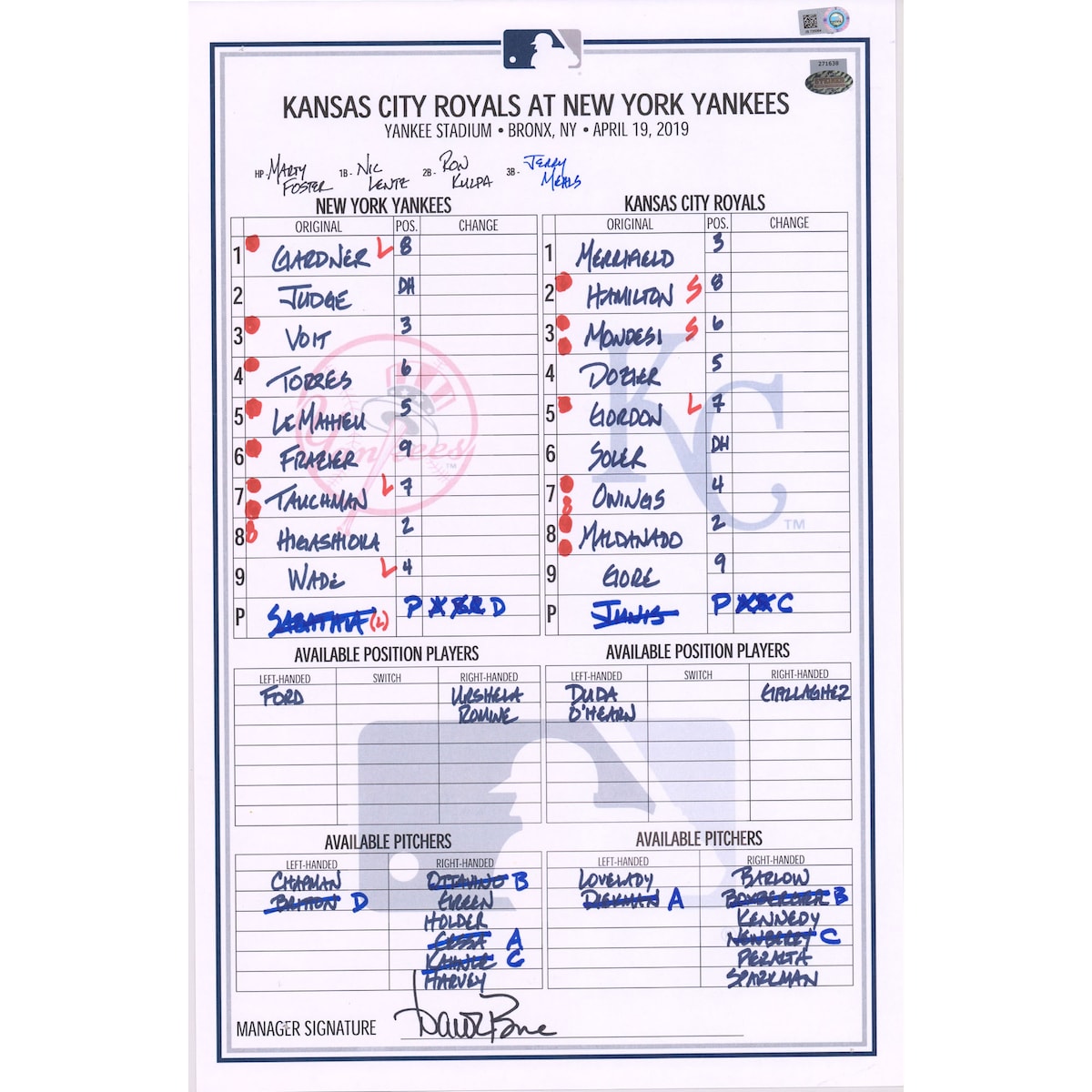 MLB ヤンキース 試合使用ラインアップカード Fanatics（ファナティクス） (NYY GU Line Up Card 842020)
