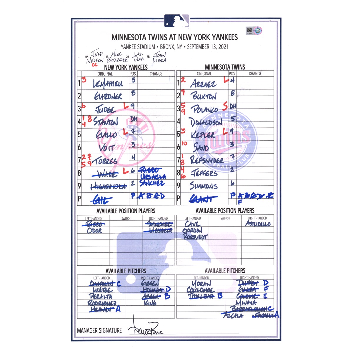 MLB ヤンキース 試合使用ラインアップカード Fanatics（ファナティクス） (UNS GU LINE UP CARD 9232021)