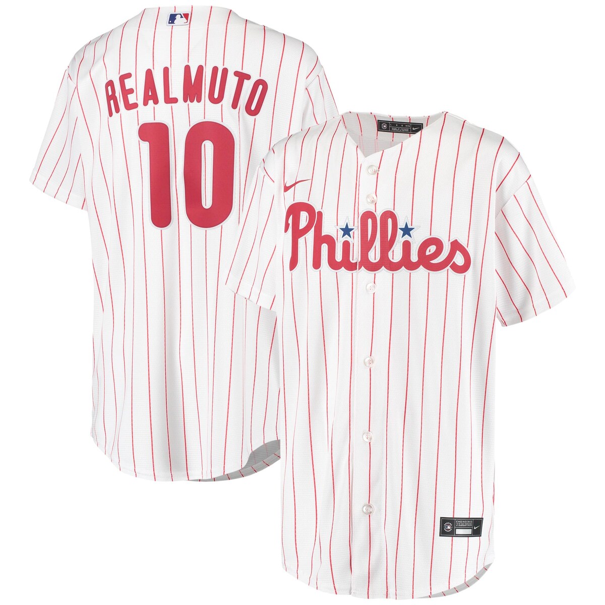 Whether you're watching with your young fan from the couch or within the stadium, they'll be the biggest Philadelphia Phillies fan around when they sport this JT Realmuto Home Replica Player Jersey! This Nike jersey features bold Philadelphia Phillies graphics that will showcase your team pride no matter where you watch the game. The moisture-wicking technology will keep them comfortable all game long.Tagless CollarBrand: NikeImportedOfficially licensedMachine wash with garment inside out, tumble dry lowRounded hemHeat-sealed jock tagSublimated stripesFabric appliqueFull-button frontShort sleeveMaterial: 100% Polyester