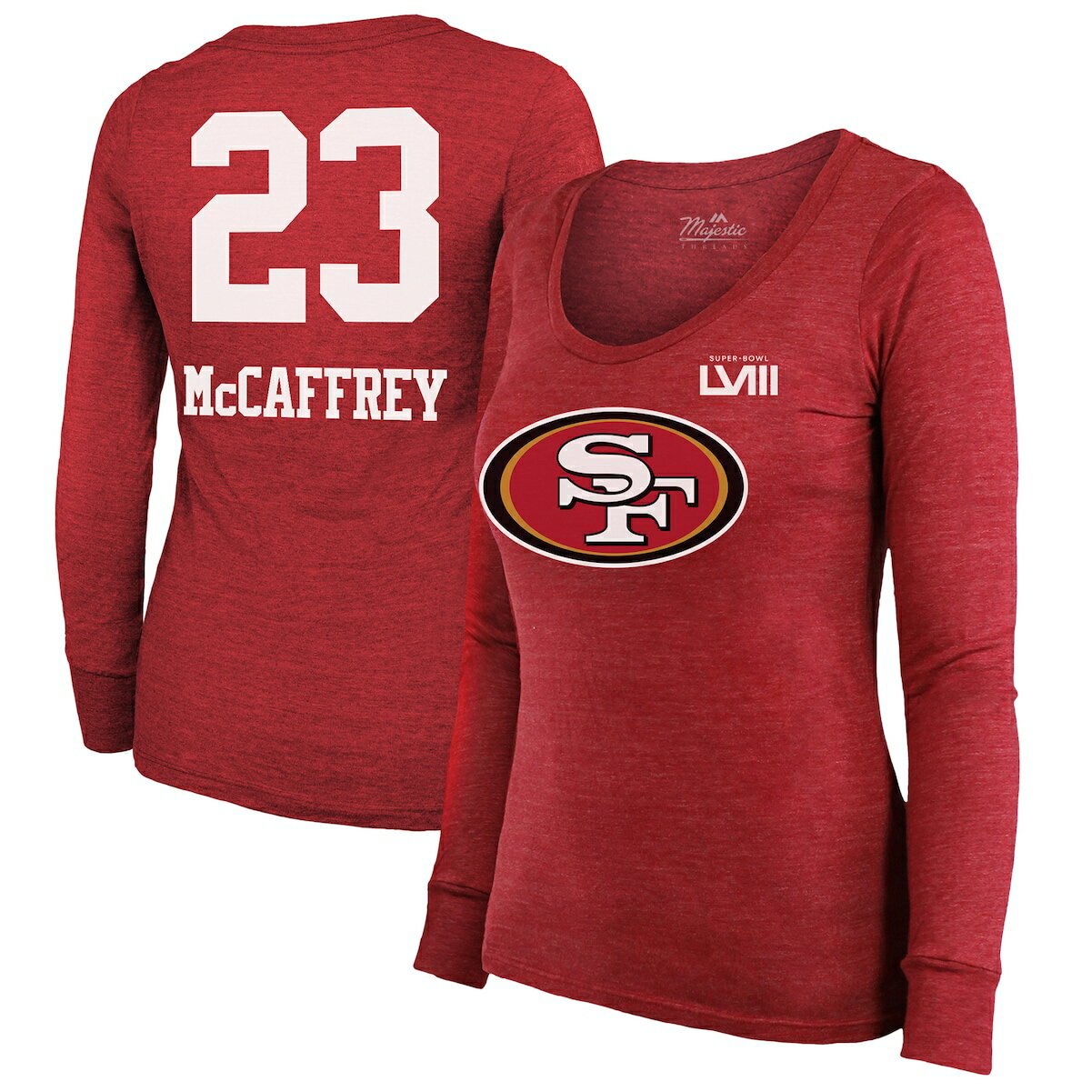 NFL 49ers クリスチャン・マキャフリー 長袖 Tシャツ Majestic（マジェスティック） レディース スカーレット (Women's SB58 Non-Distressed LST)