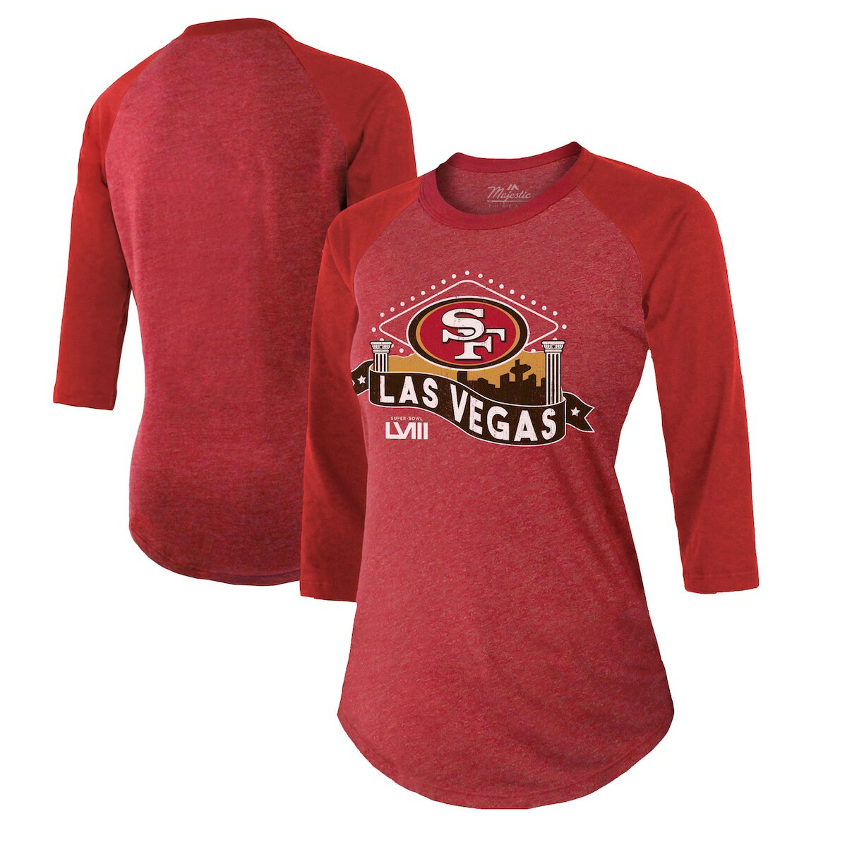 NFL 49ers Tシャツ Majestic(マジェスティック) レディース スカーレット (24 Womens SB58 Bound Vegas Triblend 3/4 Raglan)