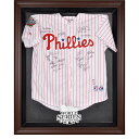 The Philadelphia Phillies 2008 World Series Champions brown framed logo jersey display case opens on hinges and is easily wall-mounted. It comes with a 24" clear acrylic rod to display a collectible jersey. It comes constructed with a durable, high-strength injection mold backing, encased by a beautiful wood frame and an engraved team logo on the front. Officially licensed by Major League Baseball. The inner dimensions of the case are 38" x 29 1/2"x 3" with the outer measurements of 42" x 34 1/2" x 3 1/2". Memorabilia sold separately.Made in the U.S.A.Engraved team graphicsHas a LogoOfficially licensed MLB productEasily wall mountedIncludes acrylic rod to hold jerseyWood frameImportedHinges to open easilyOfficially licensedMemorabilia sold separatelyCollectible jersey display caseBrand: Fanatics Authentic