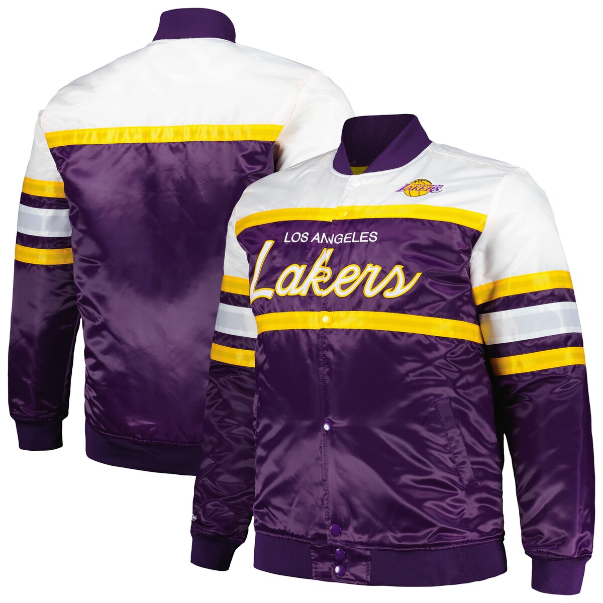 When you need to brave the cold on a Los Angeles Lakers game day, few pieces of gear can match the combination of style and warmth found in this Mitchell & Ness Satin jacket. Equipped with a full-snap closure and cozy quilted lining, it is the perfect heavyweight option to protect you from the elements. Plus, bold colors, sewn-on stripes and embroidered Los Angeles Lakers graphics keep your fandom on display for all to see.Machine wash, tumble dry lowBrand: Mitchell & NessTwo front pocketsSewn-on stripesOfficially licensedImportedOne interior pocketFull SnapLong sleeveQuilted liningMaterial: 100% PolyesterStand-up collarHeavyweight jacket suitable for cold temperaturesEmbroidered fabric applique