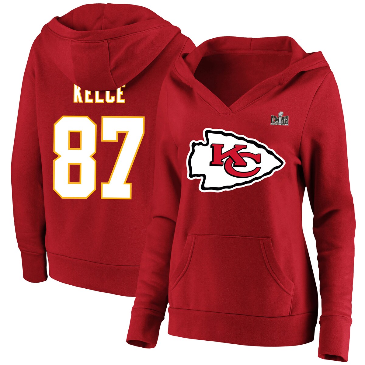 NFL チーフス トラビス・ケルシー フリース プルオーバー パーカー Fanatics（ファナティクス） レディース レッド (Women's Plus Size SB58 Player N&N Fleece Hood)