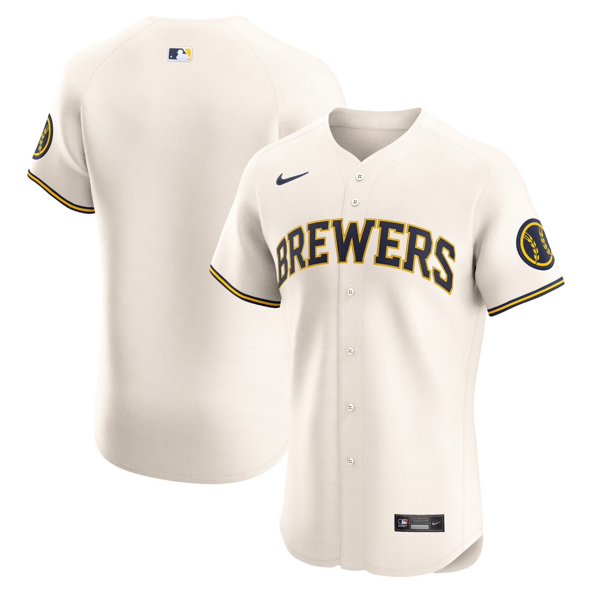 This Milwaukee Brewers Home Elite Jersey displays an authentic look to show off on game day and keeps you comfortable beyond the last out. Crafted by Nike using the lightweight comfort of stretch mesh fabric, it features the same premium details as the official on-field design of your Milwaukee Brewers. The innovative Vapor Premier chassis allows for more flexible movement and teams up with Dri-FIT ADV technology to deliver exceptional sweat-wicking power.Made in the USABrand: NikeShort sleeveNike EliteNike Elite jersey delivers the same look worn by the pros on the fieldMaterial: 95% Recycled Polyester/5% ElastaneRounded hemOfficially licensedFull-button frontDri-FIT ADV technology combines moisture-wicking fabric with advanced engineering and features to help you stay dry and comfortableSewn-down tackle twill logo or wordmark, player name and numbers and sleeve patch (where applicable)Embroidered Swoosh logoHeat-applied woven MLB Batterman and jock tagVapor Premier chassis improves mobility, enhances moisture management and provides a lightweight fit with additional stretchMachine wash, tumble dry lowAthletic cutJersey Color Style: Home