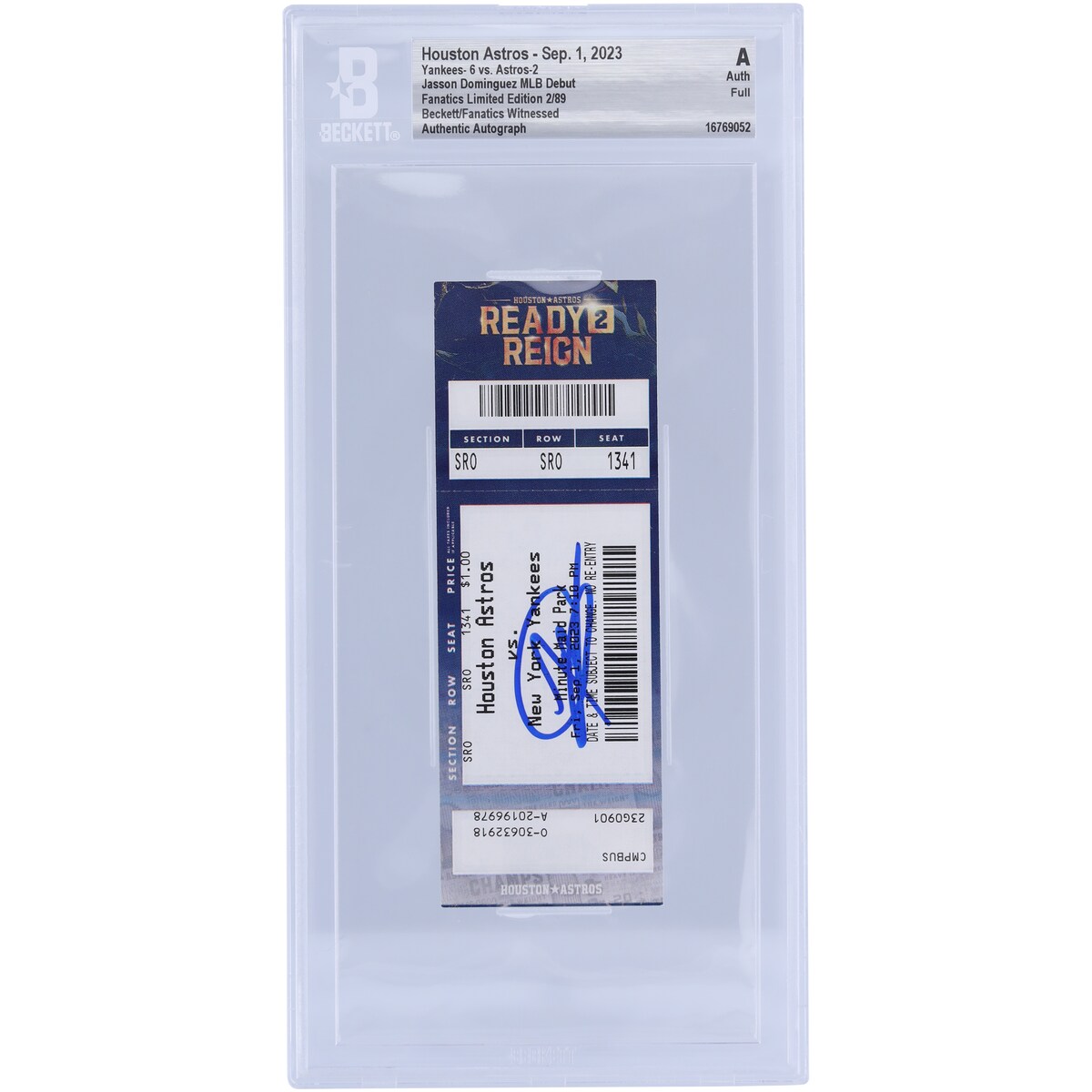 Jasson Domnguez New York Yankees Autographed MLB Debut and 1st Home Run Ticket Houston Astros on September 1, 2023 - Limited Edition of 89 - BAS Authenticated