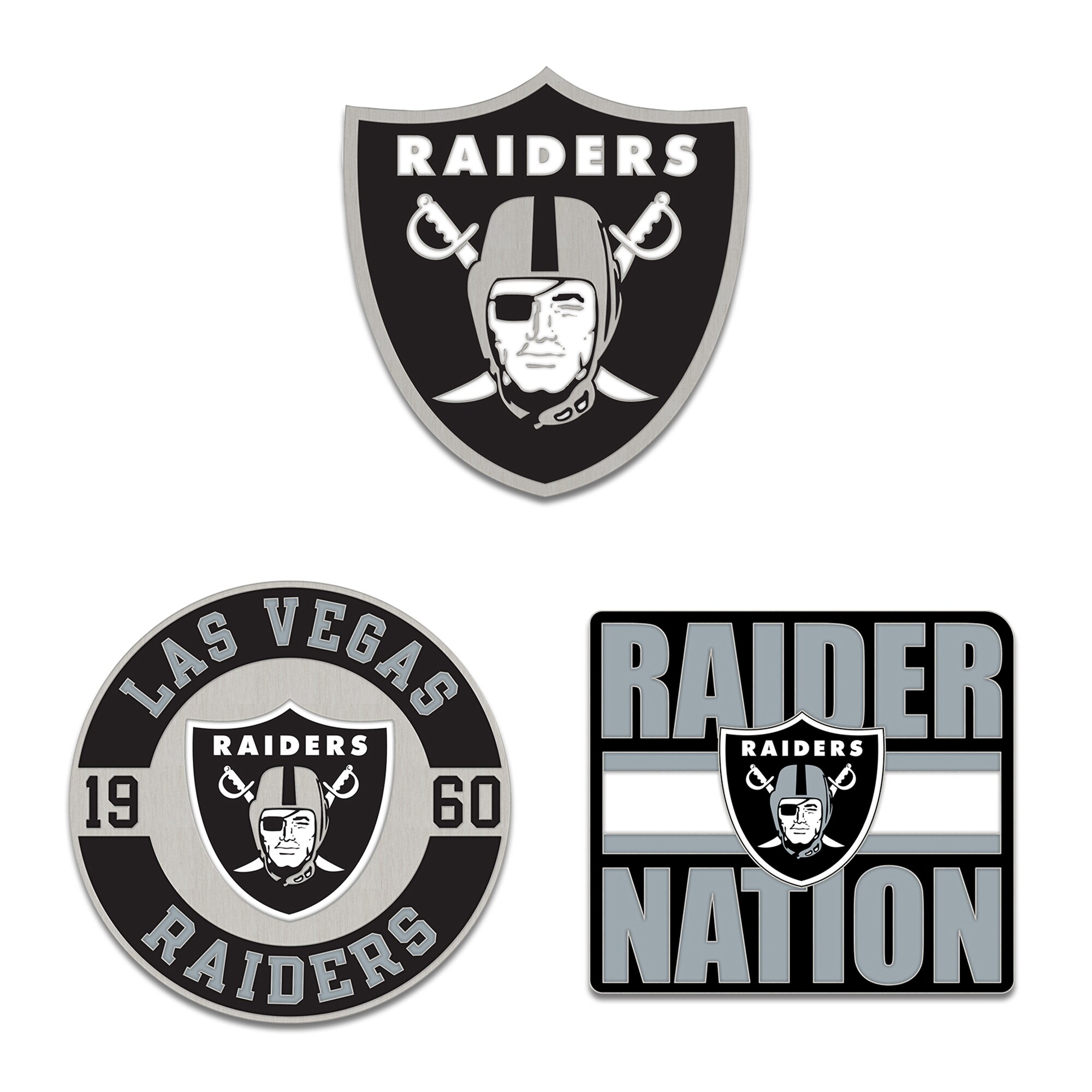 Add this Three-Piece Collector Pin Set to your Las Vegas Raiders collection. This spirited set includes three unique pins, each featuring enamel graphics of the team's iconic logo, establishing year, and a rousing chant. A sturdy post back with a butterfly clasp ensures each pin stays securely fastened to your favorite bag, jacket, or display board.Brand: WinCraftSet of three unique pinsPost back with butterfly claspImportedEnamel graphics includes team's logo, establishing year and chantOfficially licensedMaterial: 100% Metal