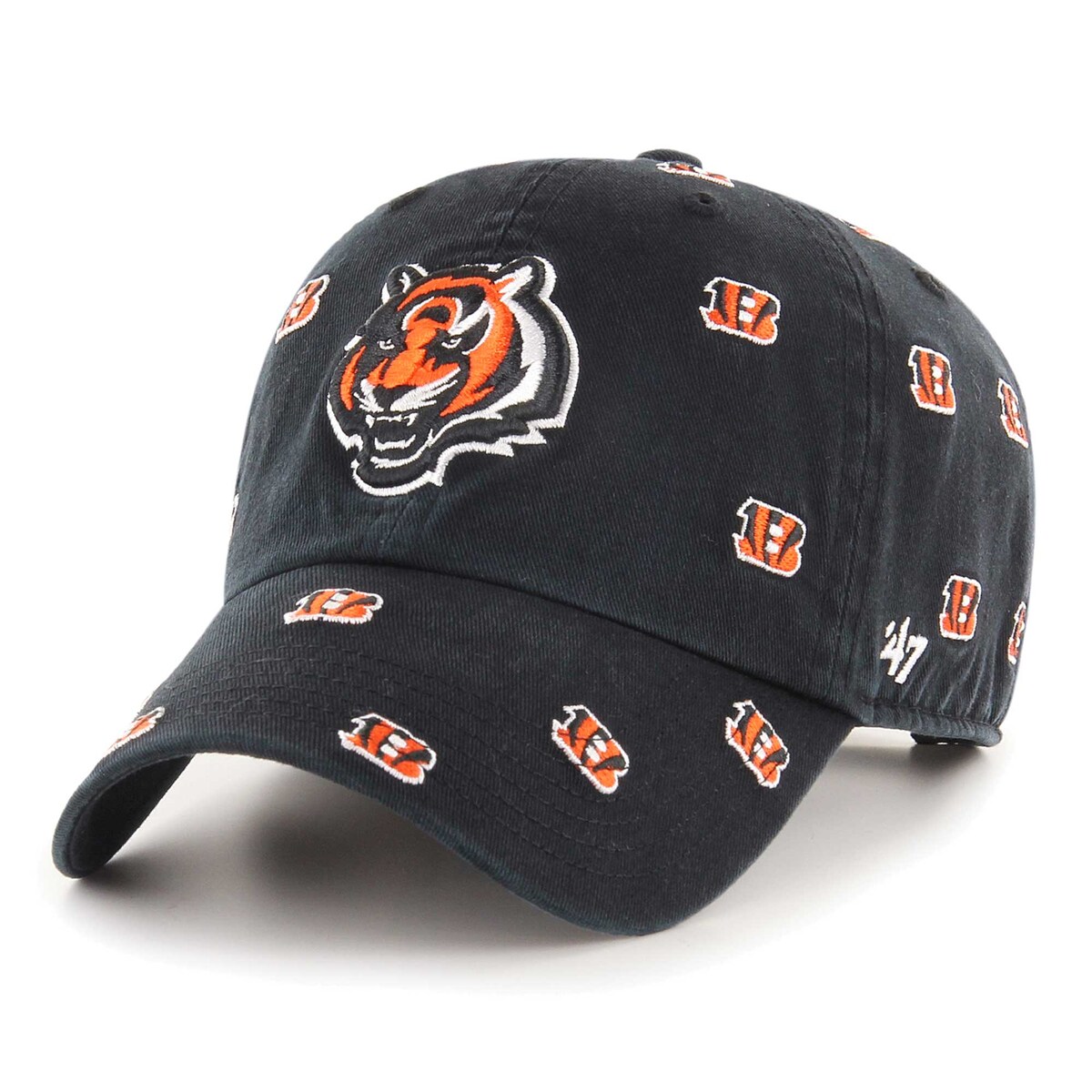 Designed by '47, this Confetti Clean Up Adjustable Hat is the perfect way to top off your game day outfit when you cheer on the Cincinnati Bengals. An adjustable closure and relaxed construction pair for a comfortable fit and feel. Plus, the classic Cincinnati Bengals logo and all-over embroidery let you rep your favorite team in style.ImportedOne size fits mostGarment-washed cotton twill gives the cap a soft, worn-in lookCurved billMaterial: 100% CottonUnstructured relaxed fitBrand: '47Wipe clean with a damp clothSix panels with eyeletsLow CrownEmbroidered team graphic with raised details on frontThe '47 Clean Up is a popular headwear silhouette with its relaxed crown and curved visorOfficially licensedAdjustable fabric strap with snap buckle