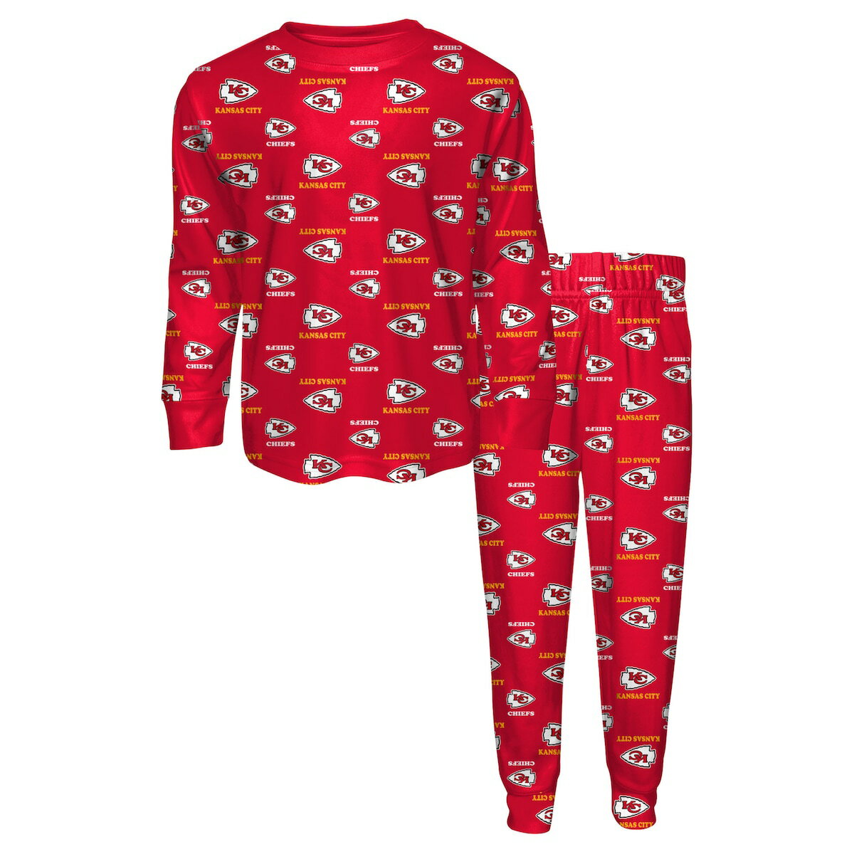 Help your favorite young fan dream of game day victories with this Kansas City Chiefs All-Over-Print Long Sleeve T-Shirt and Pants Sleep Set from Outerstuff. Made from soft, durable 100% polyester, this two-piece set includes a comfortable crew neck tee and matching pants with an elastic waistband. Featuring printed, team logo allover, this set ensures they can show off their team pride from wake up until sleep time.Brand: OuterstuffElastic waistbandMachine wash with garment inside out, tumble dry lowImportedAll-over team logo printTwo-piece set includes crew neck long sleeve tee and pants with elastic waistbandInseam on size preschool M 5/6 measures approx. 19"Material: 100% PolyesterLong sleeveOfficially licensedCrew neck provides a traditional look and is comfortable to wear all day