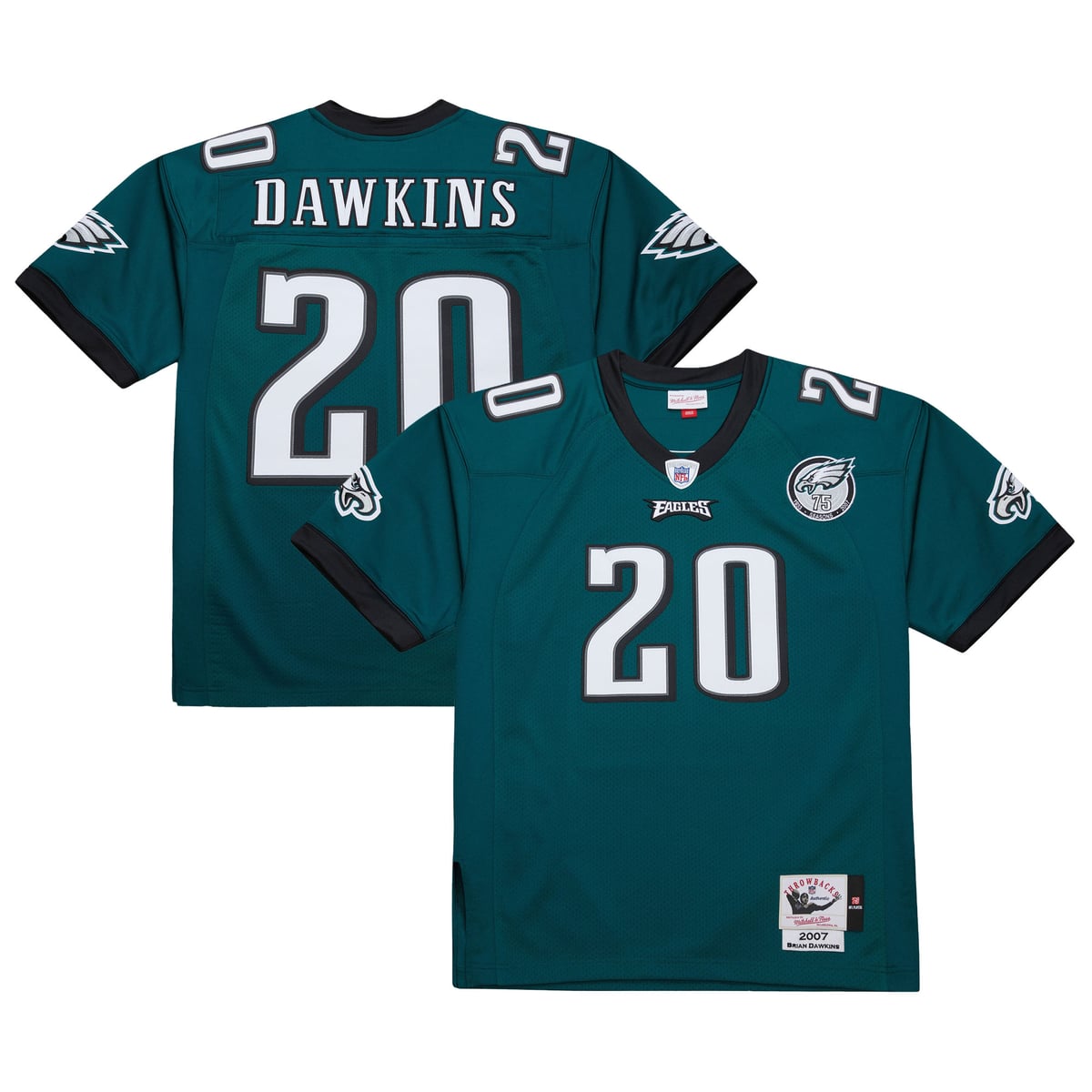 Pay homage to one of the icons in Philadelphia Eagles history by grabbing this Brian Dawkins 2007 Authentic Throwback Retired Player Jersey from Mitchell & Ness. With its embroidered fabric applique and rib knit collar and cuffs, this jersey offers a premium look and feel that brings you right back to the days when Brian Dawkins ruled the gridiron. The woven jock tag on the bottom left hem adds a nostalgic touch, making it a must-have for any die-hard Philadelphia Eagles fan who wants to celebrate an enduring legacy.Brand: Mitchell & NessAuthentic Throwback JerseyImportedNFL Shield at collarRib knit collar and cuffsMachine wash, line dryMaterial: 100% PolyesterOfficially licensedJersey Color Style: ThrowbackEmbroidered fabric appliqueAuthentic Throwback woven jock tag on bottom left hemSide splits at hem