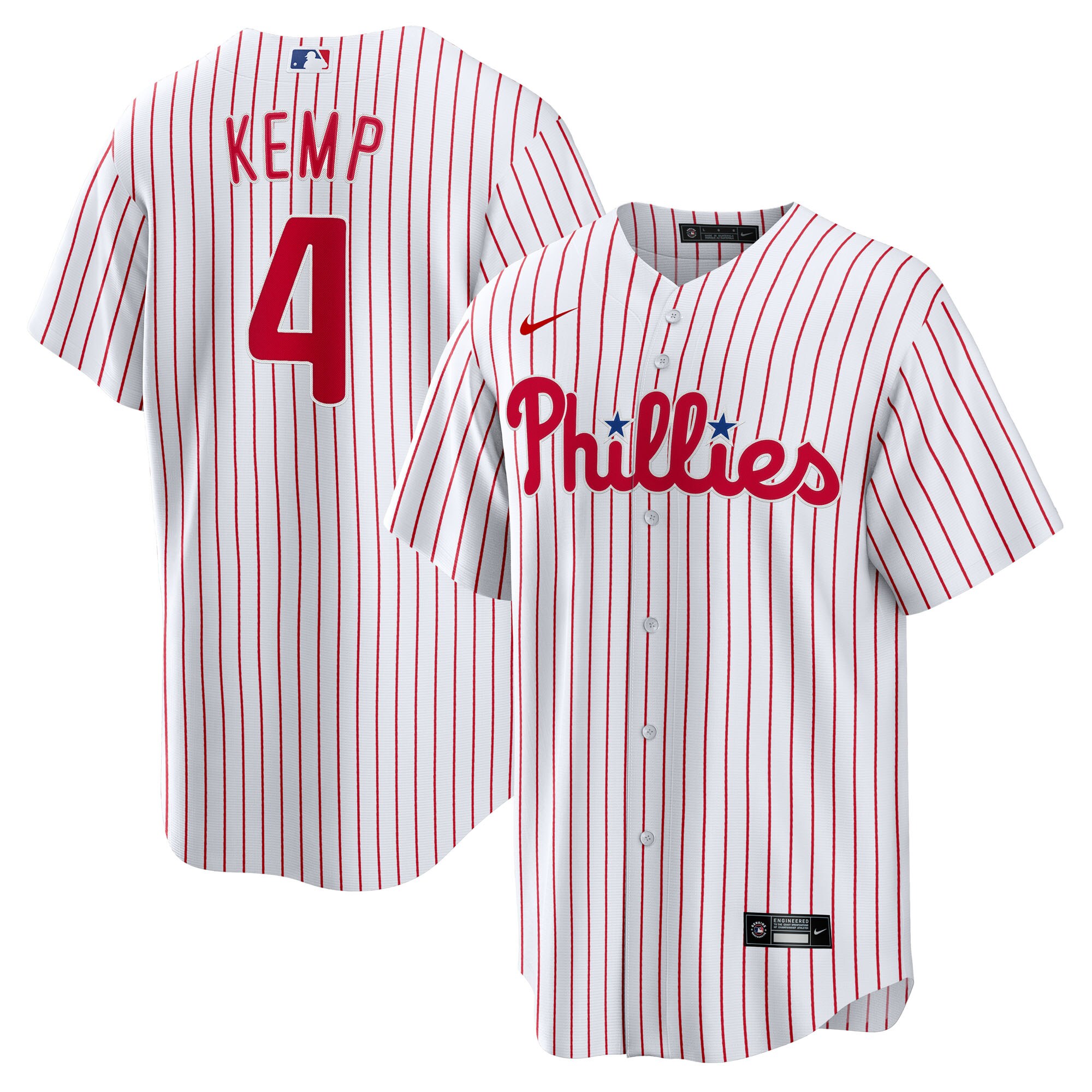 Get yourself ready for the next Philadelphia Phillies game with this Nike Otto Kemp replica jersey. This Home jersey provides you with an inspired design that will have you feeling like your favorite player out on the diamond. Rock this piece with your favorite Philadelphia Phillies cap for a complete look this season.Heat-applied Nike Swoosh and woven jock tagMaterial: 100% PolyesterHeat-applied sublimated twill appliques with faux stitchingMachine wash, tumble dry lowOfficially licensedBreathable offset mesh fabric has a midweight feel (193gsm)Sewn-down MLB Batterman logo on back neckLoose Fit: Designed to layer over tees and have room for movement and comfort. If you are in between sizes, consider sizing down for a fit that's closer to the body.ReplicaBrand: NikeImportedJersey Color Style: Home