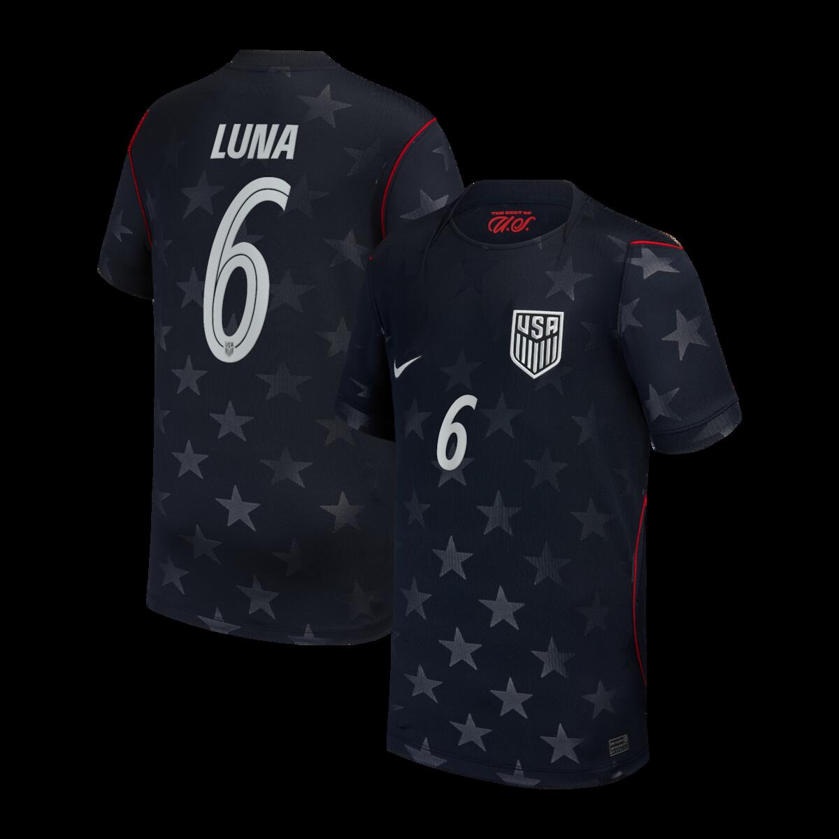 The Nike USMNT 2026/27 Away Stadium Replica Jersey wraps a deep obsidian base in a tonal knitted star pattern, letting the country's most iconic symbol speak for itself on the world's biggest stage. Red piping runs down the sides for an undeniably American finishing touch, giving this fan-ready replica the same commanding on-field look inspired by what the pros wear. Nike's Dri-FIT technology and breathable mesh side panels keep your young soccer fan dry and comfortable, whether they're in the stands or playing with friends. A sewn-on woven team badge and embroidered Nike Swoosh deliver the crafted, stitched-with-pride detail that fans who live and breathe the red, white and blue deserve. With 'The Best Of U.S.' heat-pressed at the back neck, this jersey is a declaration that the USMNT is ready for its moment in 2026.Jersey Color Style: AwayBrand: NikeOfficially licensedSTANDARD FIT: Not too tight or loose over your bodyWoven hem labelSewn-on woven team badge with embroideryReplicaBreathable mesh side panelsEmbroidered Nike SwooshDri-FIT technology moves sweat away from your skin for quicker evaporation, helping you stay dry and comfortableDebossed star pattern may vary from imagesMODELED AFTER THE PROS: Nike's Stadium collection pairs replica design details with sweat-wicking technology to give you a game-ready look inspired by your favorite team.Move To Zero is Nike's journey toward zero carbon and zero waste, helping to protect the future of sport. Apparel labeled sustainable materials is made with at least 75% recycled content.ImportedRib-knit neck and cuffsShort sleeveMachine wash cold with like colors,inside out. Gentle cycle. Line dry."The Best Of U.S." heat-pressed on back neckBEHIND THE DESIGN: Proudly owning our unique star iconography as we take the world stage. A flood of dark obsidian sets the background for a boundless sky of knitted stars. Red piping and elevated trims create an undeniably American look.