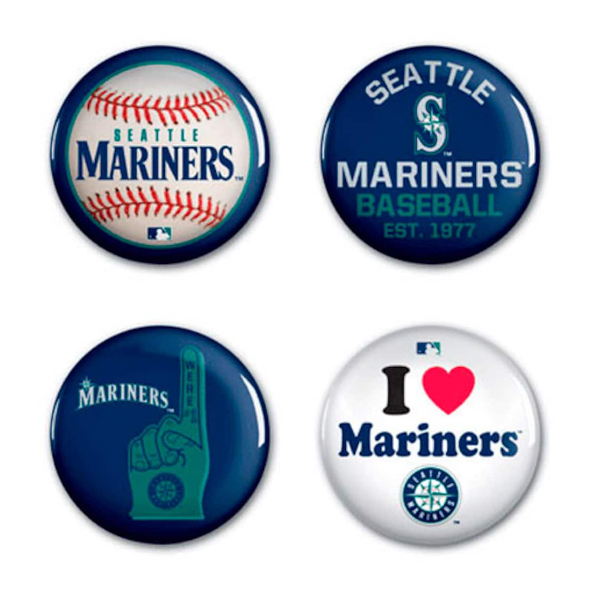 Celebrate your Seattle Mariners fandom with this 4-pack button set from WinCraft. Wear your team spirit with pride with these nifty buttons!Brand: WinCraftEach button measures approximately 1.5" in diameterPack of fourOfficially licensedPin with clasp backsMade in the USAMaterial: 100% MetalMade of metal