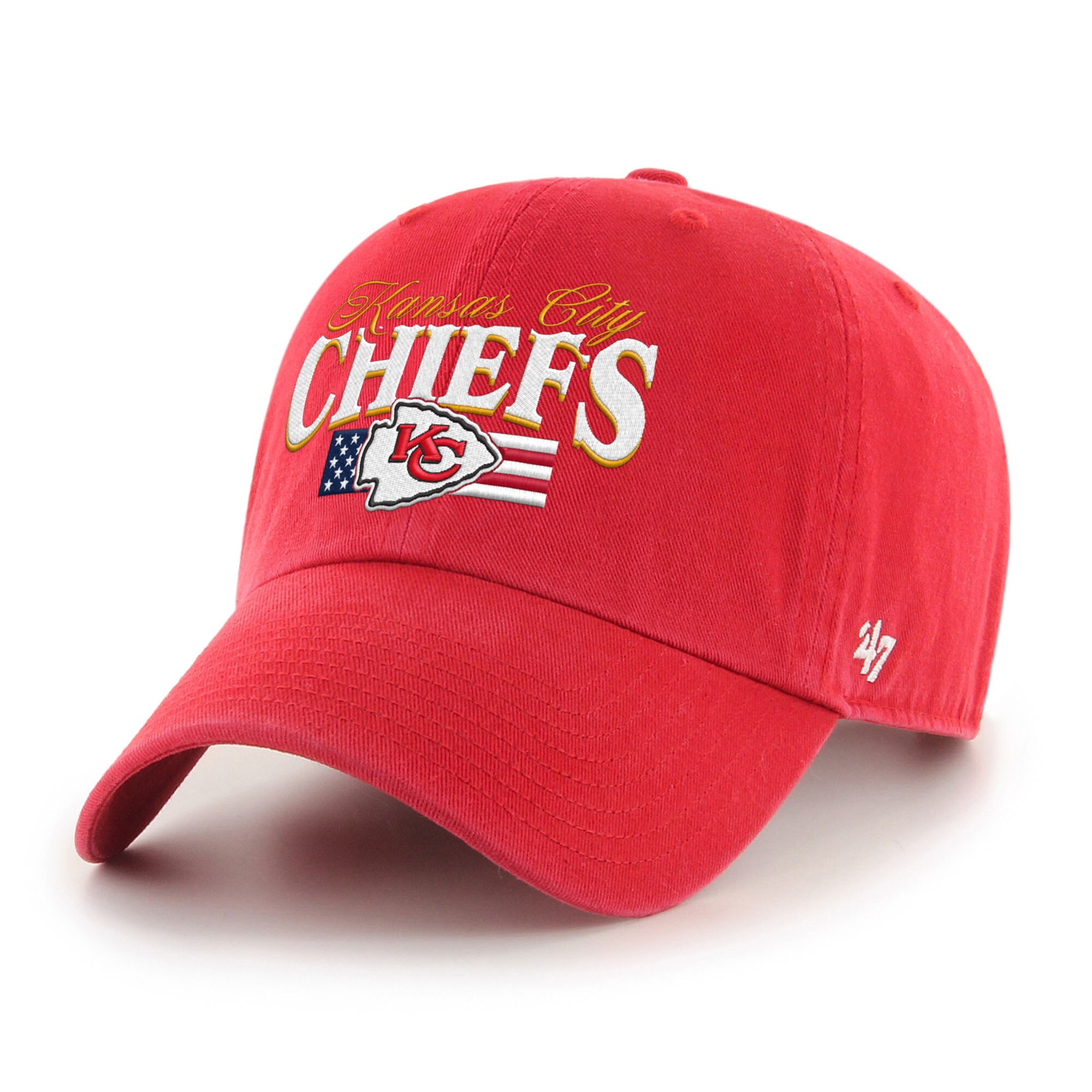 Show your team pride with a patriotic twist in this '47 Clean Up hat, featuring the Kansas City Chiefs' logo front and center with an American flag embroidered behind it on the crown. The unstructured, low-profile silhouette and adjustable strapback closure deliver an easy, relaxed fit that works for any fan on any gameday. Built with '47's signature quality, this hat is the perfect way to rep your squad while honoring the red, white, and blue.ImportedOfficially licensedBrand: '47Curved billMaterial: 100% CottonSolid panels with eyeletsLow CrownGarment-washed cotton twill gives the cap a soft, worn-in lookOne size fits mostUnstructured relaxed fitWipe clean with a damp clothAdjustable fabric strap with snap buckleEmbroidered graphicsThe Clean Up is a popular headwear silhouette with its relaxed crown and curved visor
