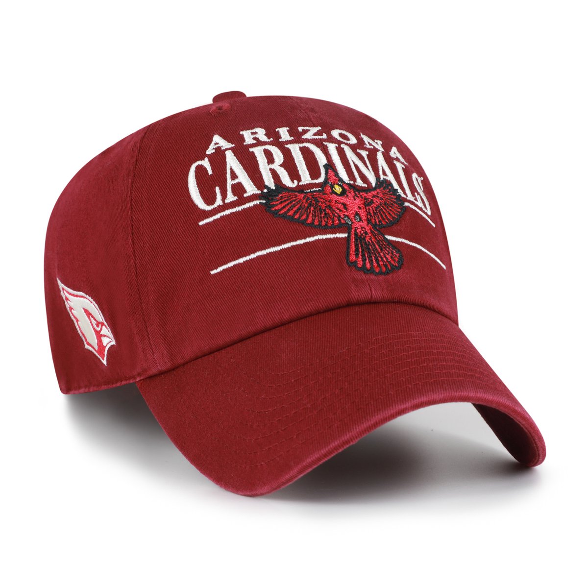 With a design that feels like a perfectly broken-in favorite from the first wear, this Arizona Cardinals Throwback Graphic Clean Up Hat is an instant classic. Its garment-washed cotton twill provides a soft, worn-in look, serving as the canvas for a photorealistic logo on the crown and an embroidered throwback emblem on the side for a vintage look on game day and beyond.Adjustable fabric strap with snap buckleOne size fits mostSolid panels with eyeletsCurved billWipe clean with a damp clothUnstructured relaxed fitGarment-washed cotton twill gives the cap a soft, worn-in lookOfficially licensedBrand: '47Embroidered graphicsMaterial: 100% CottonLow CrownThe Clean Up is a popular headwear silhouette with its relaxed crown and curved visorImported
