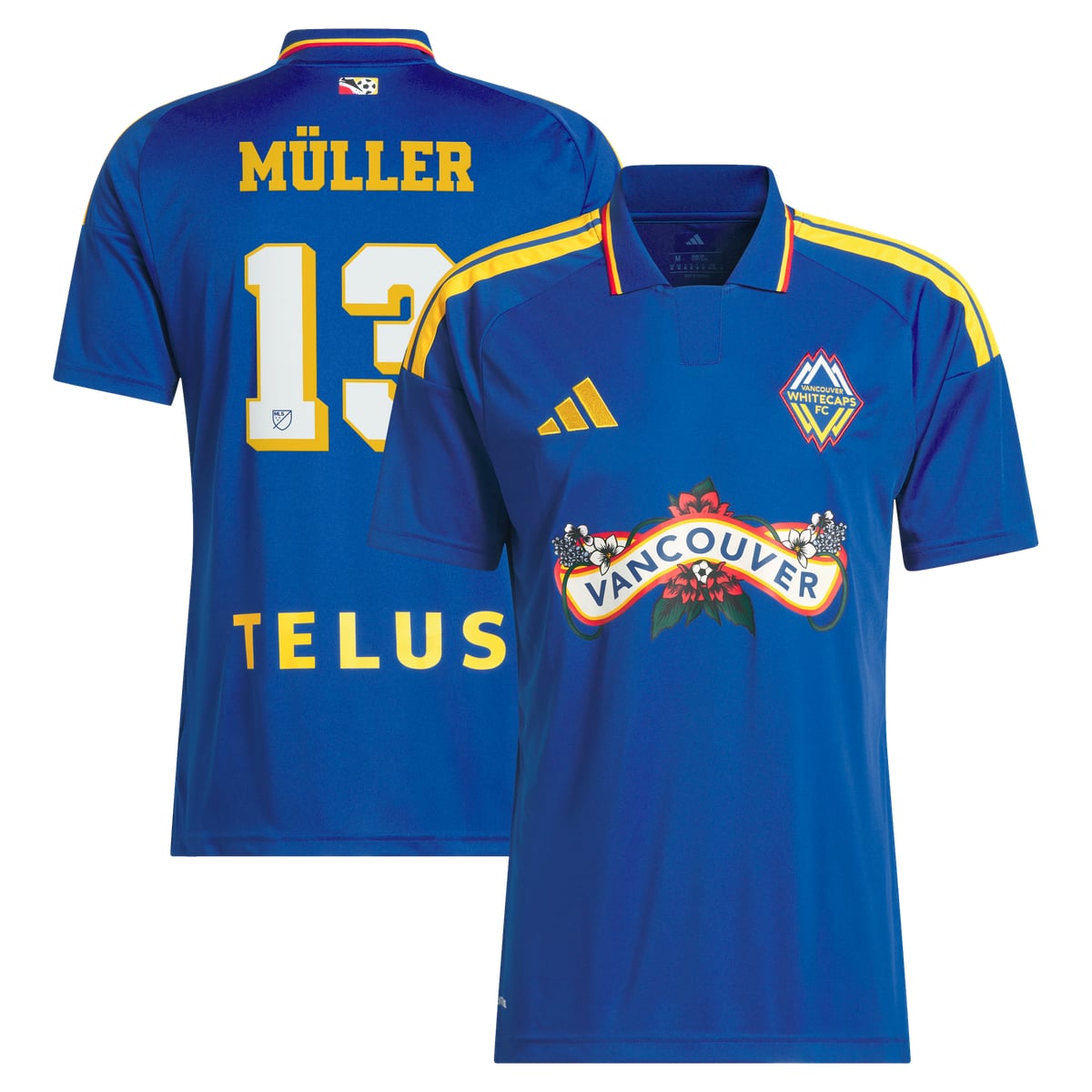 A hand-drawn floral crest wrapped in a ribbon banner gives this Thomas Mller Vancouver Whitecaps FC 2026 Archive Collection Replica Jersey a level of detail rarely seen on a soccer kit, blending vintage sportswear charm with genuine artistry. The classic polo collar and contrast-striped shoulders round out a silhouette that feels equal parts throwback and streetwear. Rich blue paired with golden yellow keeps the design rooted in club tradition while giving it a fresh, collectible edge. It's a jersey for fans who know that the best 90s designs were often in the details, not just the color.Brand: adidasMLS Replica Jersey: Worn by dedicated fans and collectors, blending performance with everyday comfort3-Stripes stitched onto shouldersEmbroidered club crestFold-over polo collarMaterial: 100% Recycled PolyesterTHE ARCHIVE COLLECTION: Marking the final drop of the 2026 MLS season, this collection spotlights eight clubs with 90s-inspired fits. Made to move from stadium to street, it's club pride worn loud.Breathable double-knit fabric has a smooth feelImportedReplicaRegular Fit: True to size, not too tight or looseShort sleeveOfficially licensedMachine wash cold with like colors,inside out. Gentle cycle. Line dry.Climacool technology wicks and disperses sweat for a cool, dry and distraction-free performanceJersey Color Style: ThirdHeat-transfer sponsor, player name and numbers