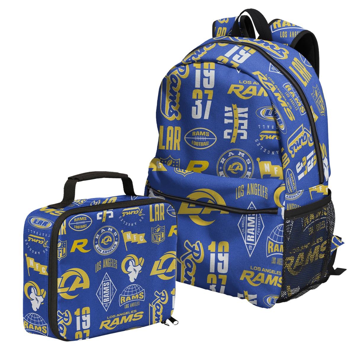 Send your young fan to school ready to represent with the Los Angeles Rams Backpack and Lunchbox Set. The backpack easily organizes their day, featuring a spacious main compartment, a zippered front pouch, and two side mesh sleeves perfect for water bottles. A matching, fully-zippered lunchbox keeps their mid-day meal secure while completing the coordinated fan look. It's the ultimate academic and spirited combo for every school day, field trip, and sleepover.Brand: OuterstuffTwo interior slip pocketsLaptop sleeveBackpack:Officially licensedFront pouch with zippered closureLunchbox:Two side mesh water bottle sleevesCarry handleZippered closureInterior mesh pocketMaterial: 100% PolyesterBackpack measures approx. 12" x 5" x 18.5"ImportedMain zippered compartmentLunchbox measures approx. 10" x 3" x 7.5"Carry handleAdjustable shoulder strapsPrinted allover graphics on both items