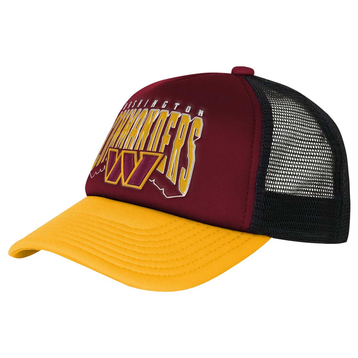 Give your young fan a classic piece of game-day gear with this Washington Commanders Handoff Foam Trucker Hat. A foam front panel provides a perfect canvas for the crisp embroidered graphics, while the breathable mesh rear panels ensure a comfortable fit. It's the perfect lightweight accessory for sunny tailgates and everyday wear.Brand: OuterstuffMesh mid and real panelsStructured fitOne size fits mostImportedFoam front panelSnap ClosureEmbroidered graphicsWipe clean with a damp clothOfficially licensedMaterial: 100% PolyesterCurved billMid Crown