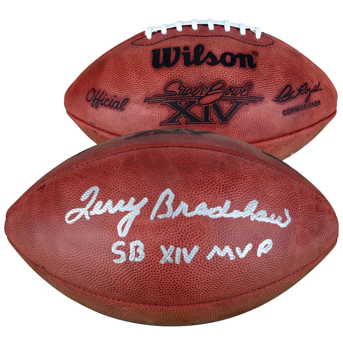 Take your Pittsburgh Steelers memorabilia collection to another level with this Terry Bradshaw autographed and inscribed Super Bowl Football. Whether displayed in your home or office, there's no better way to commemorate the legendary Steelers quarterback. Bradshaw was drafted first overall in 1970 and went on to win eight AFC Central titles and four Super Bowl championships in his 13-year career. In 1978, he led the league in touchdown passes and the Steelers to a 14-2 regular season record to win MVP honors, then threw for a record 318 passing yards and four touchdowns in Super Bowl XIII to win the game's MVP award. Bradshaw received the award again the following year in Super Bowl XIV when he racked up 309 yards and two scores in a 31-19 victory over the L.A. Rams. Deep touchdowns to Lynn Swann and John Stallworth helped Bradshaw set a Super Bowl record for yards per attempt (14.7). Bradshaw finished his career with the third most quarterback wins in NFL history, as well as the ninth-most passing touchdowns and 12th-most passing yards.Officially licensed by the NFLBrand: Fanatics AuthenticAuthenticated with FanSecure technologySignature may varyOfficially licensedMade in the USAAutographed footballIncludes an individually numbered tamper-evident hologram