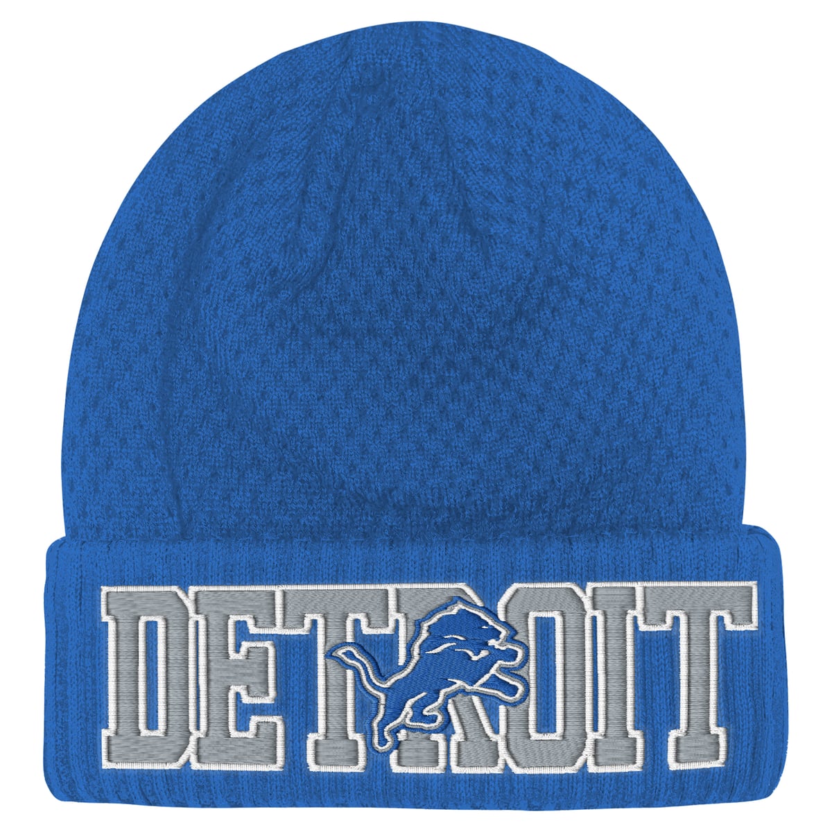 When the weather turns cold, this Detroit Lions Heat Check Cuffed Knit Hat is the essential layer your young fan needs. Featuring a clean, embroidered wordmark on the fold-over cuff, the design keeps the focus squarely on their favorite team. The soft knit construction traps warmth, ensuring they stay comfortable through every chilly fourth quarter. It is a simple, classic way to finish their look for the sideline or the schoolyard.ImportedBrand: OuterstuffOne size fits mostWipe clean with a damp clothMaterial: 100% AcrylicEmbroidered team wordmark on cuffCuffed knit hatOfficially licensed